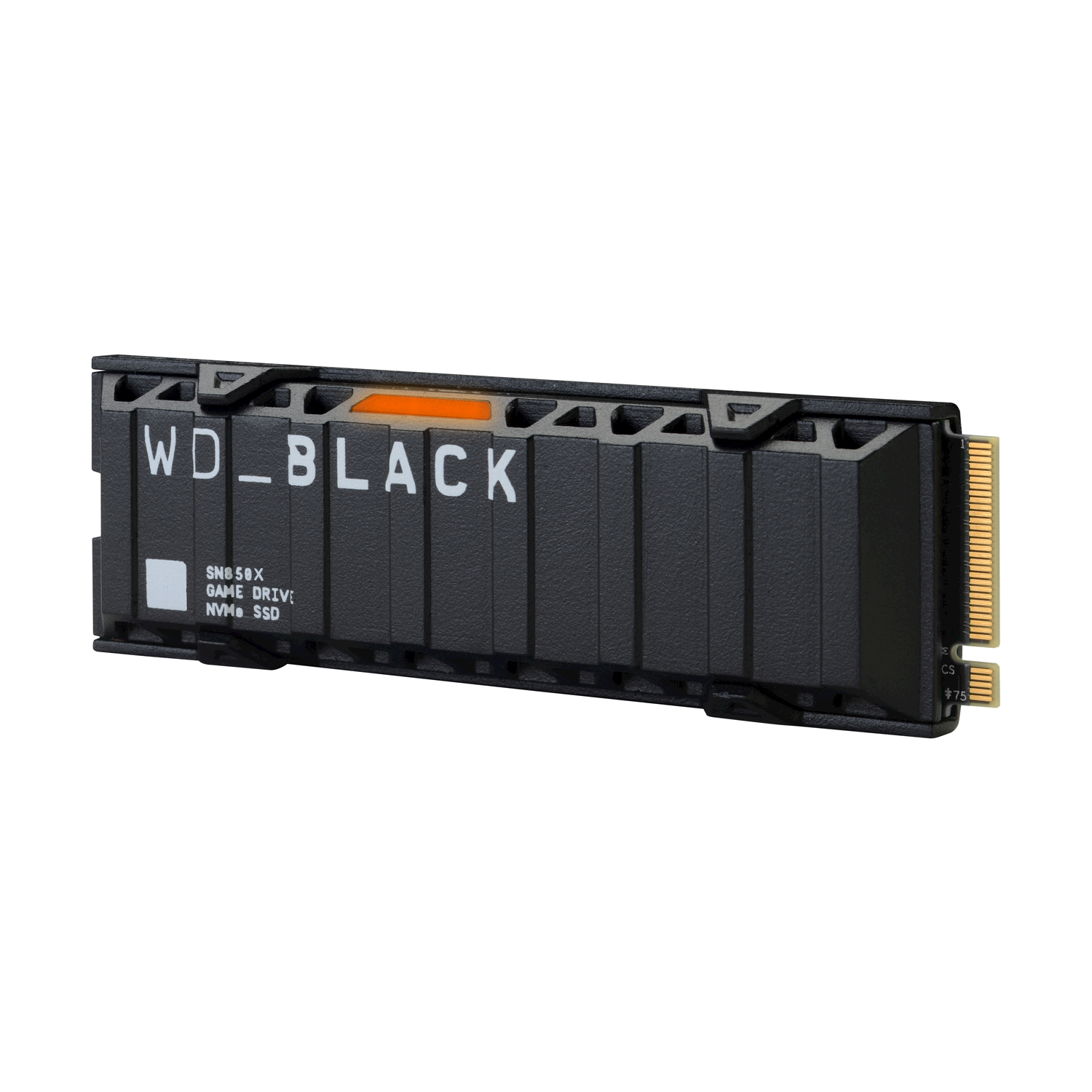 SSD NVMe WD_BLACK SN850X nero. Accenti arancioni e un dissipatore di calore.