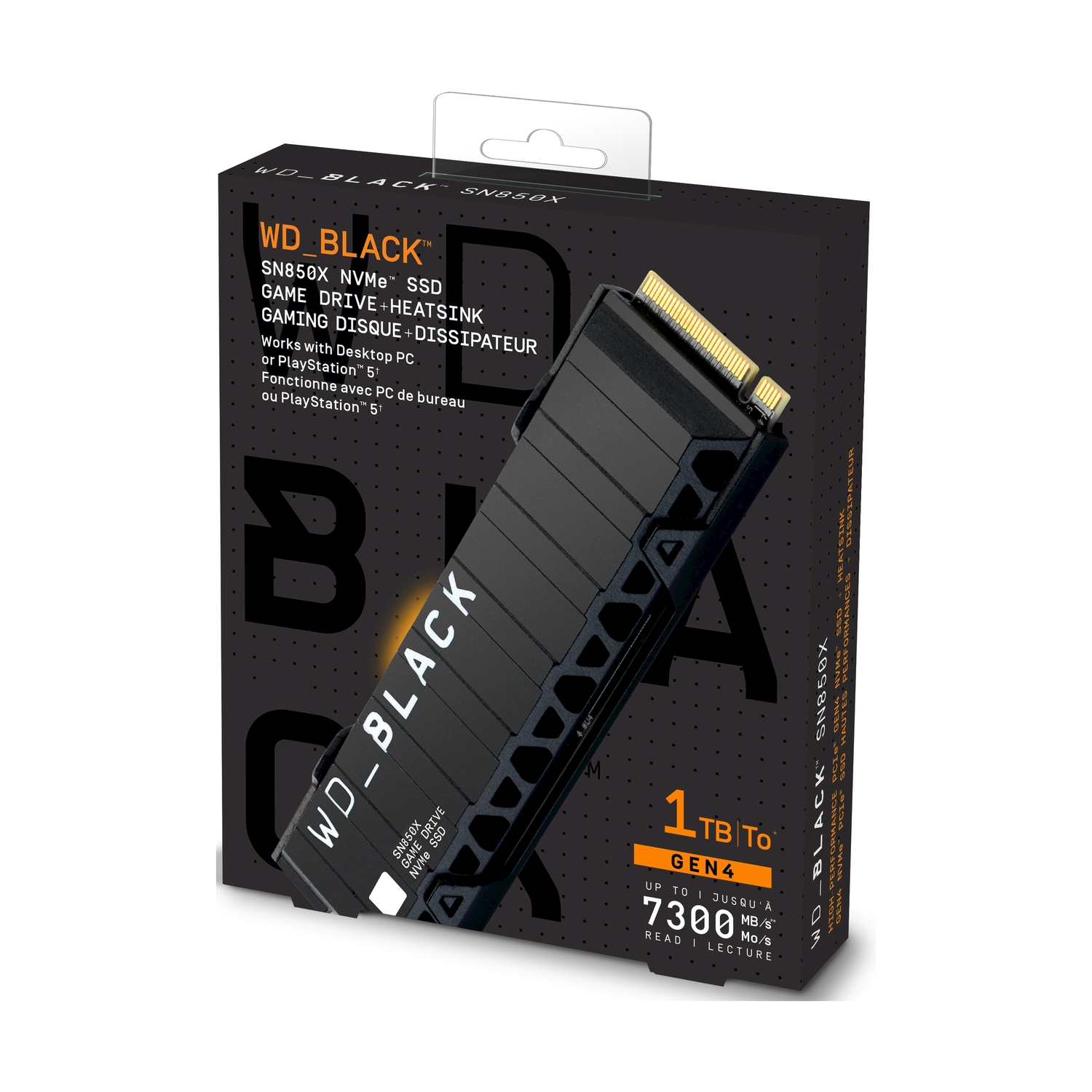SSD NVMe WD_BLACK SN850X nero in una scatola nera con testo bianco e SSD visibile.