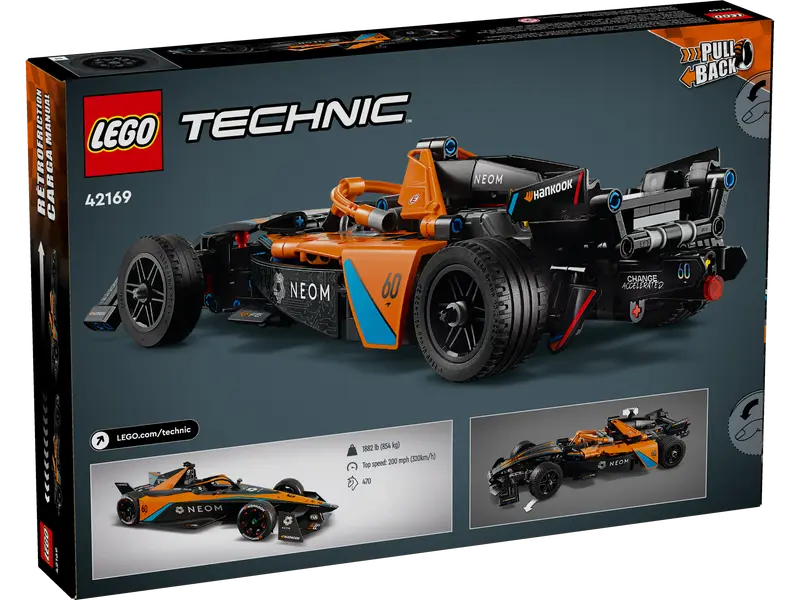 Pudełko samochodu wyścigowego Lego Technic. Samochód jest pomarańczowy i czarny. Mniejszy obraz samochodu na dole.