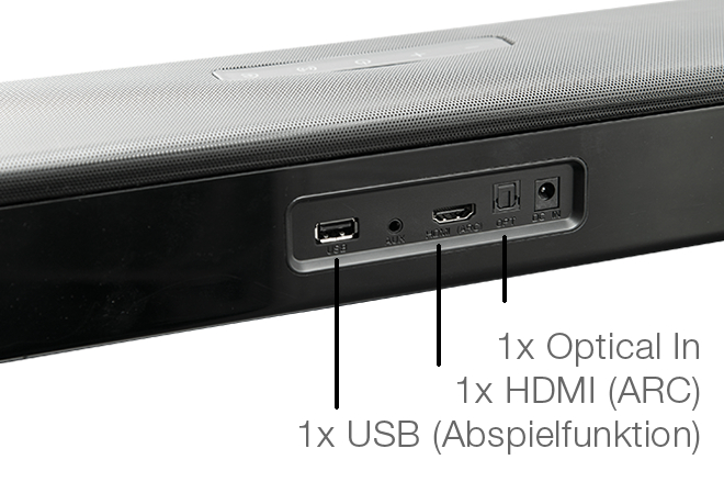 Nahaufnahme einer schwarzen und grauen Soundbar mit beschrifteten Eingangsanschlüssen.