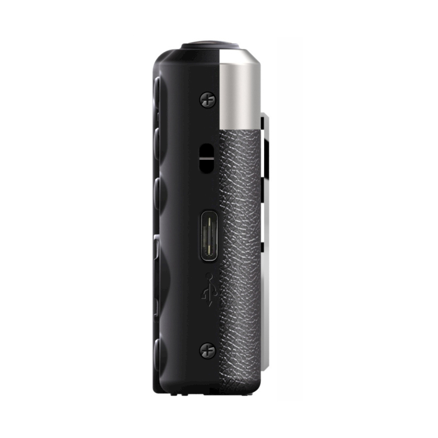 Vista laterale di un dispositivo nero con pannello argento metallico, pulsanti e porta USB.