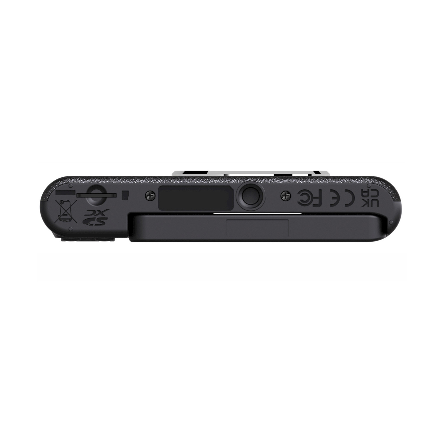 Dispositivo nero con slot per schede e vari segni. Ha una porta USB-C ed è piatto.