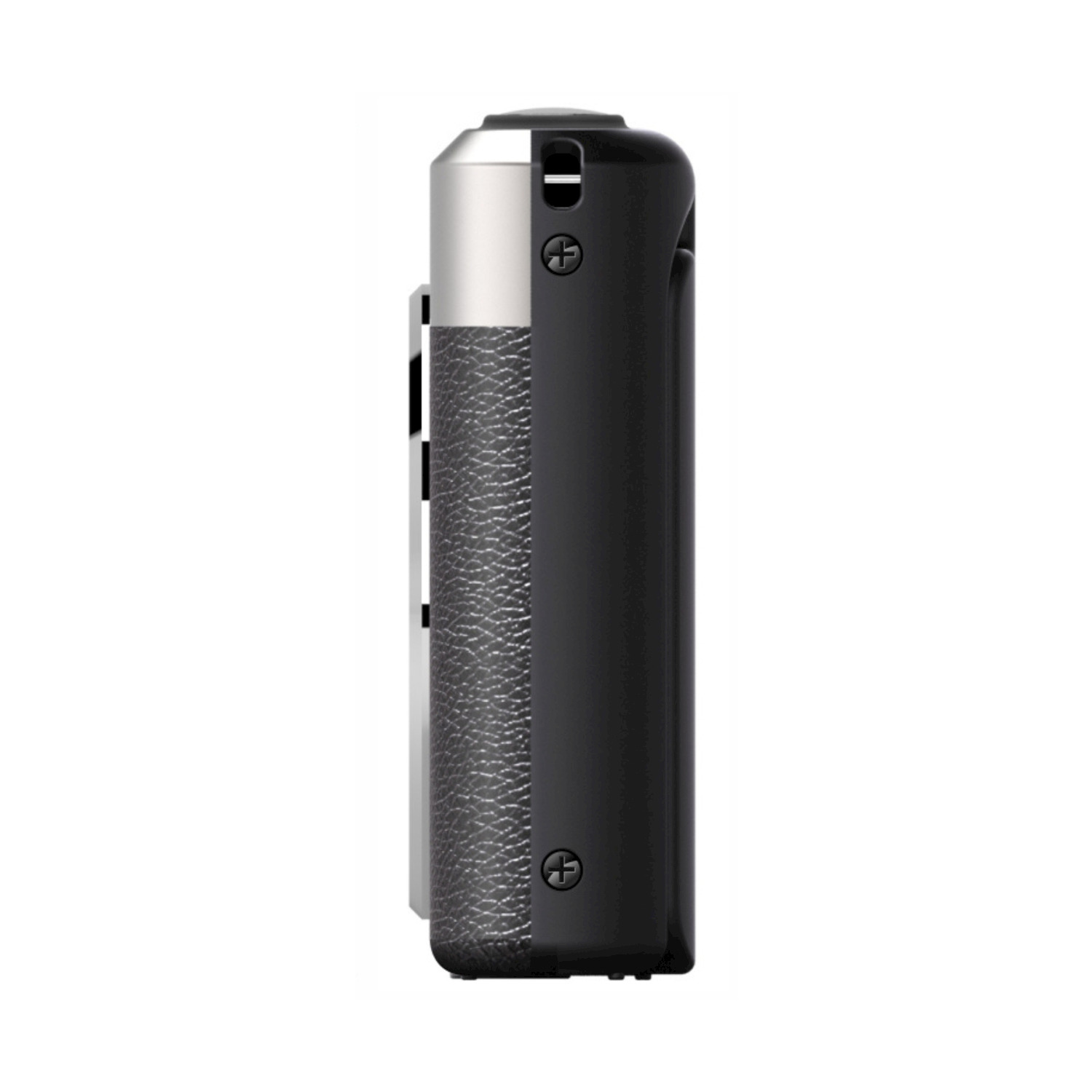 Una fotocamera con corpo nero e argento. La fotocamera è vista di lato.