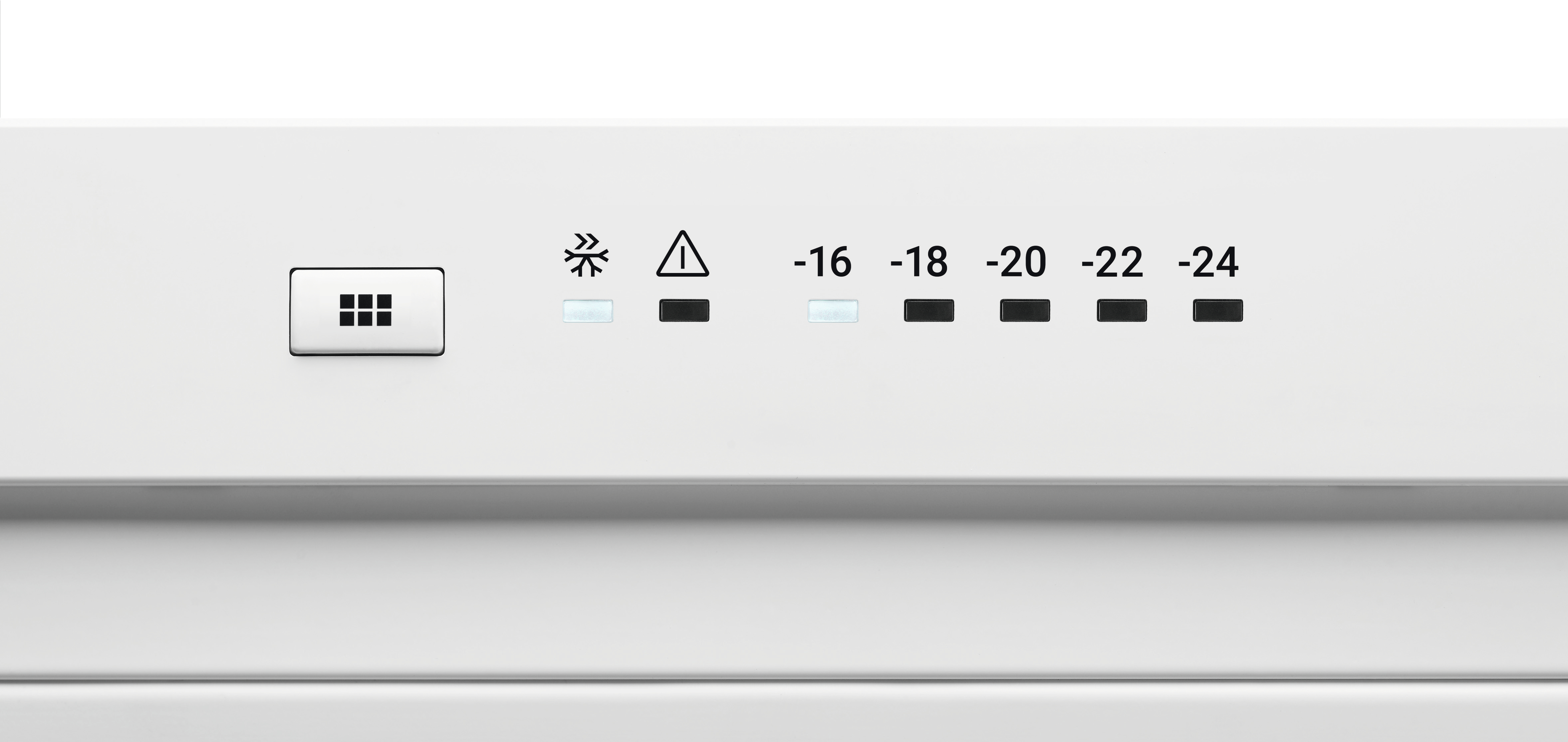 Weißes Bedienfeld mit Temperatureinstellungen und einem Knopf. Der Hintergrund ist weiß.