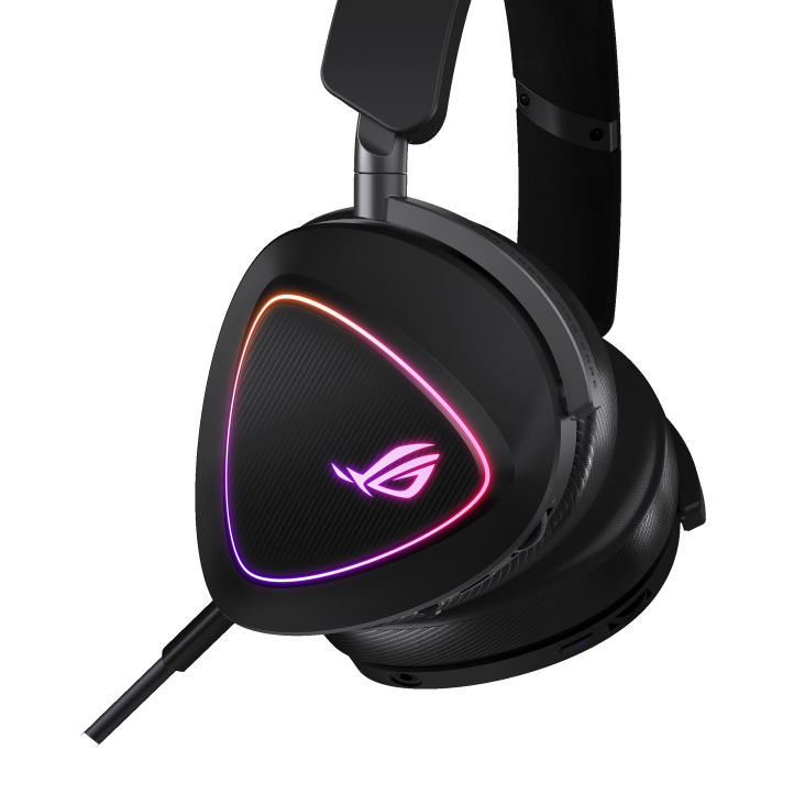 Fekete gamer fejhallgató RGB világítással. A logó az oldalon van.