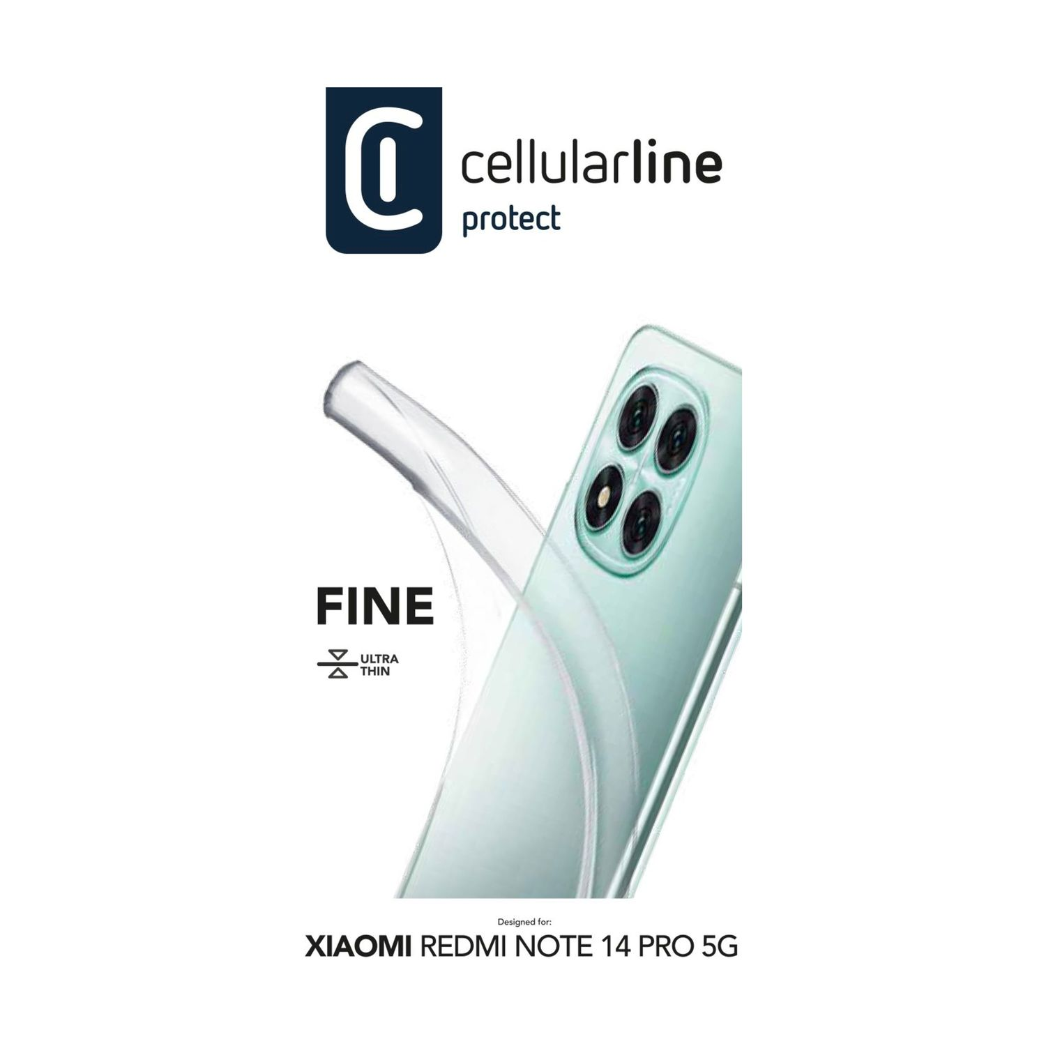 Un telefono con una custodia trasparente, di fronte a uno sfondo bianco.