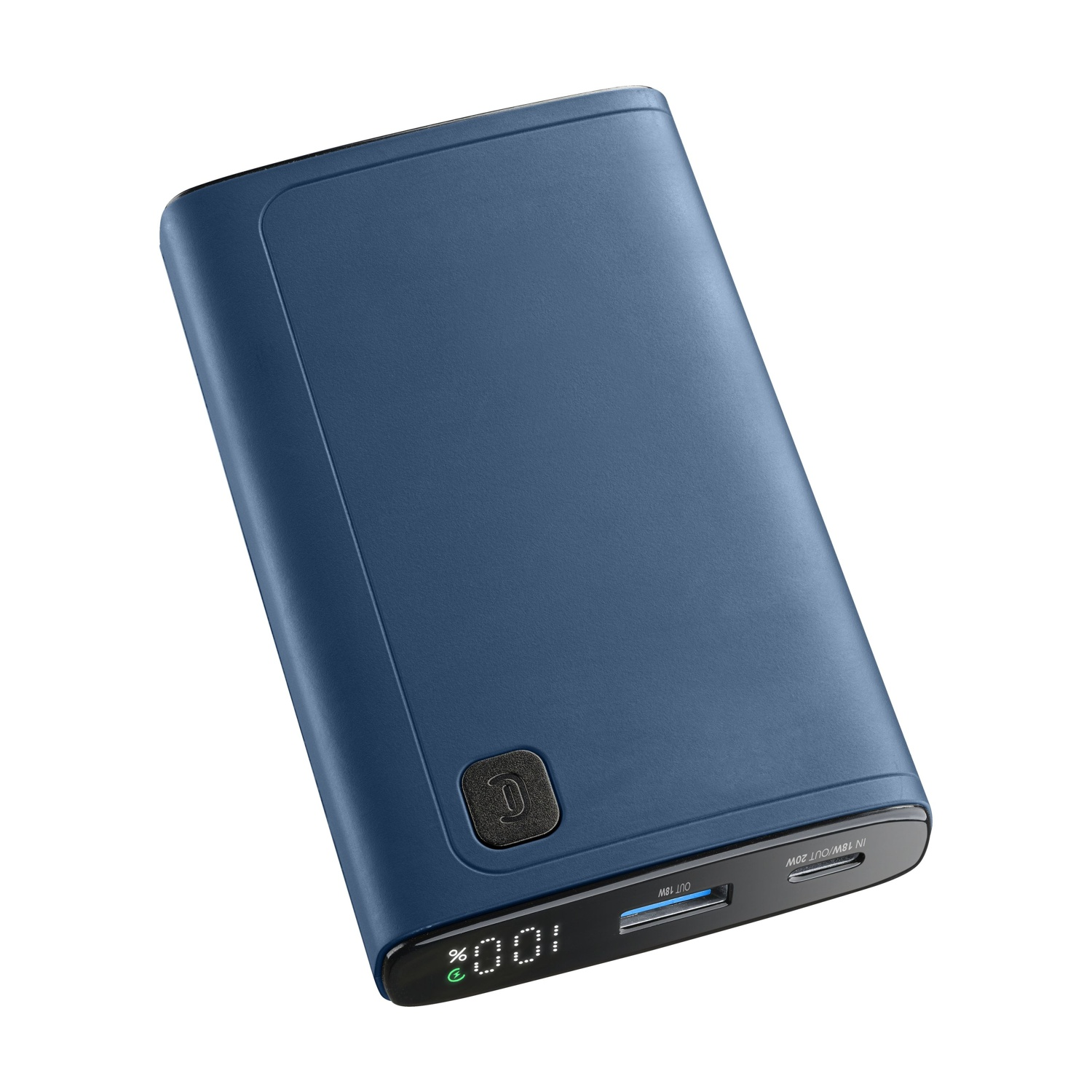 Eine blaue Powerbank mit digitaler Anzeige des Batteriestands.