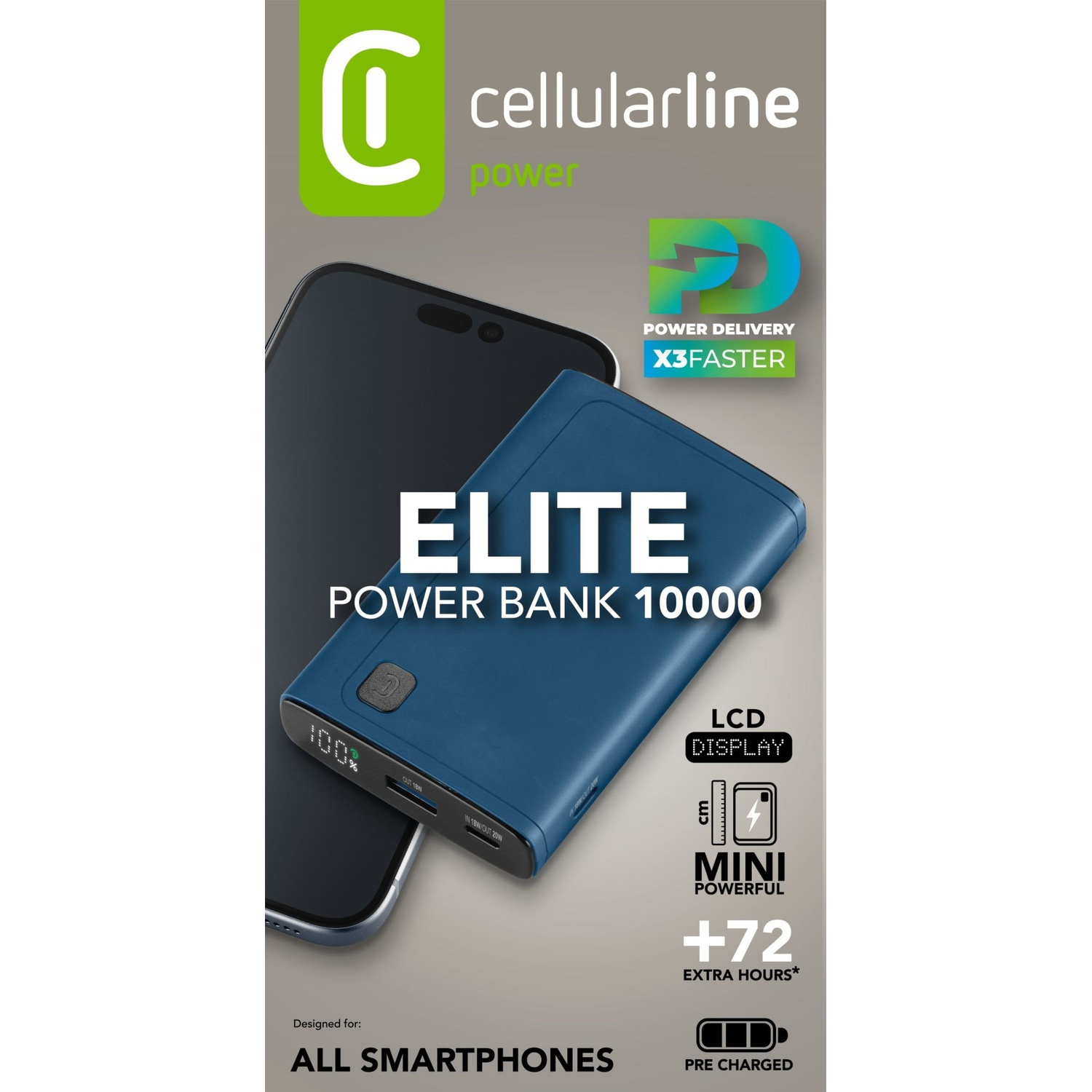 Un power bank blu con un telefono accanto, testo sull'alimentazione e il marchio.