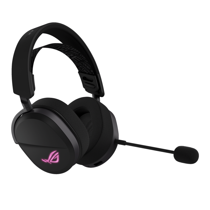 Egy fekete gamer headset mikrofonnal, fekete háttérrel.