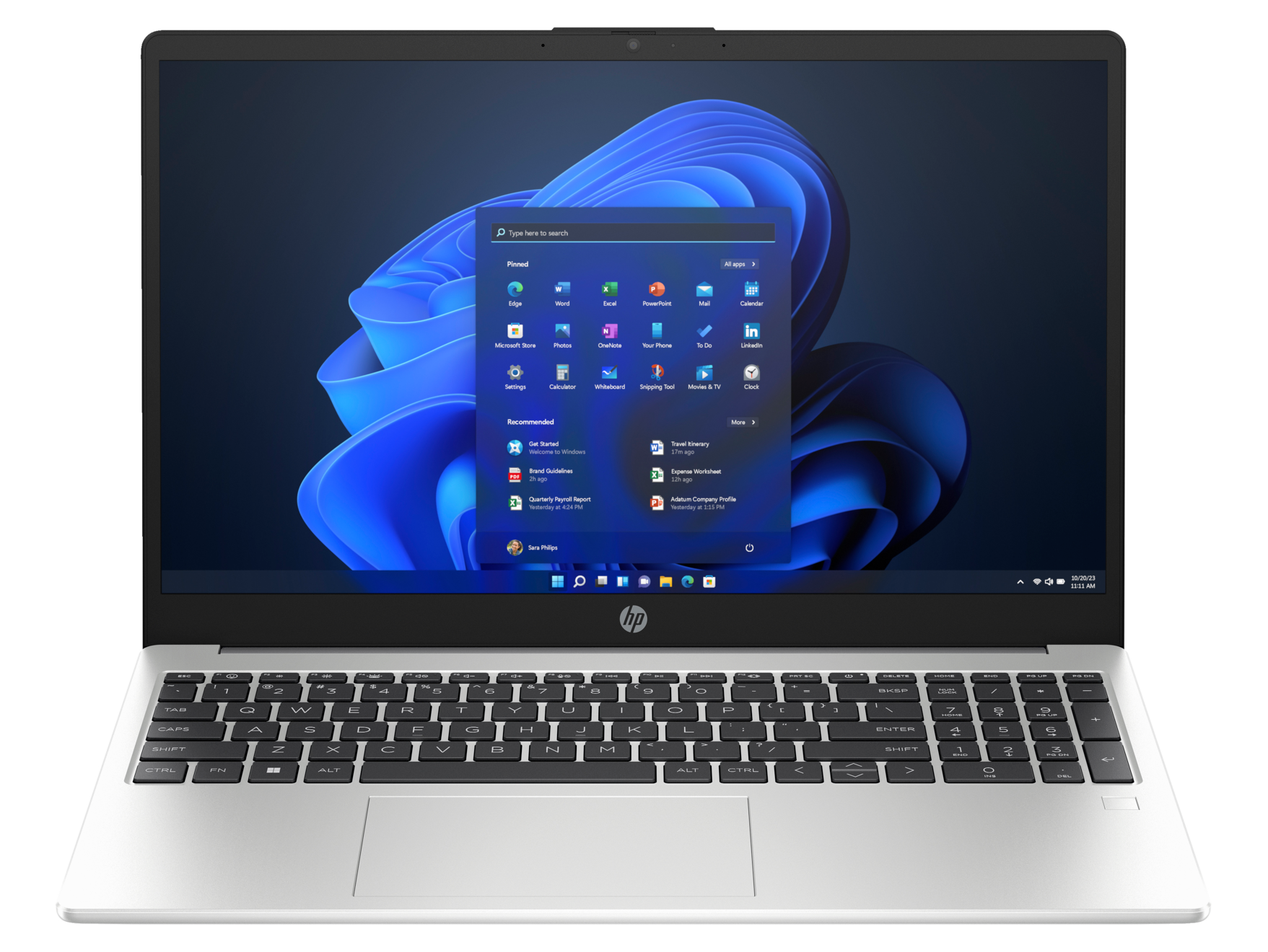 Srebrny laptop z czarną klawiaturą, prezentujący interfejs Windows 11.