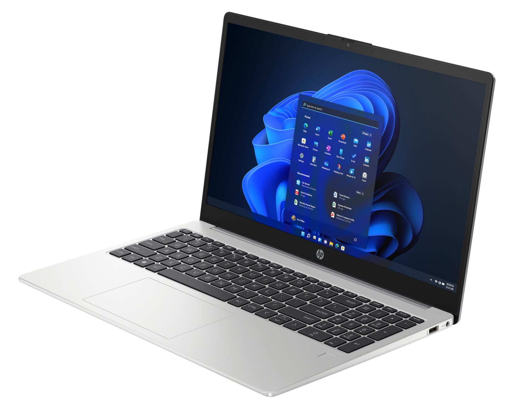 Srebrny laptop z czarną klawiaturą, prezentujący interfejs Windows 11.