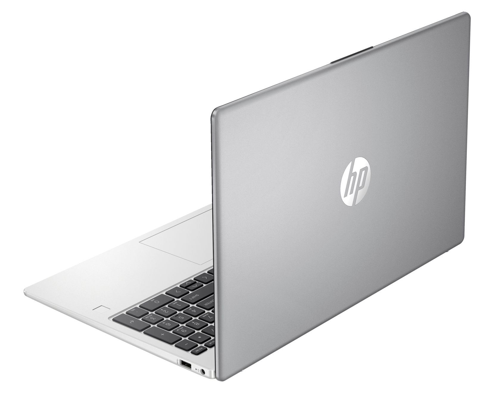 Srebrny laptop HP otwarty na czarnym tle, widoczne logo HP.