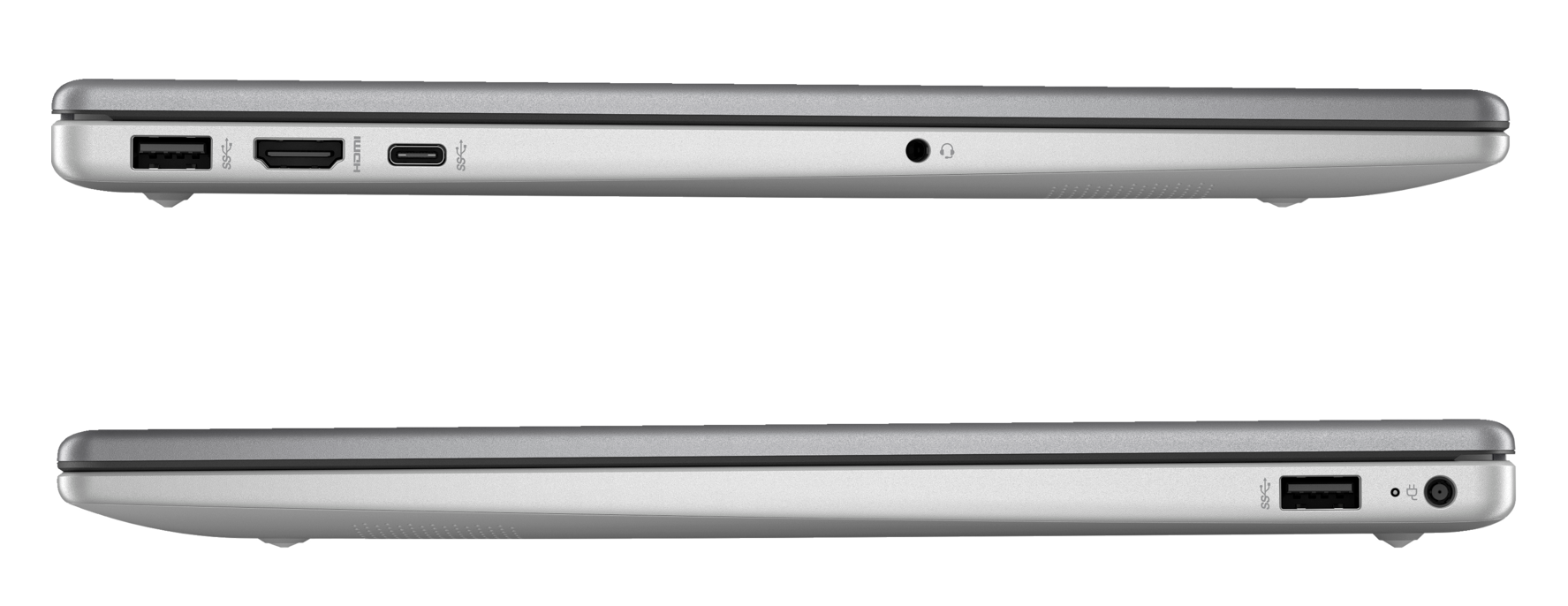 Dwa widoki z boku srebrnego laptopa. Pokazuje porty po obu stronach, w tym USB.