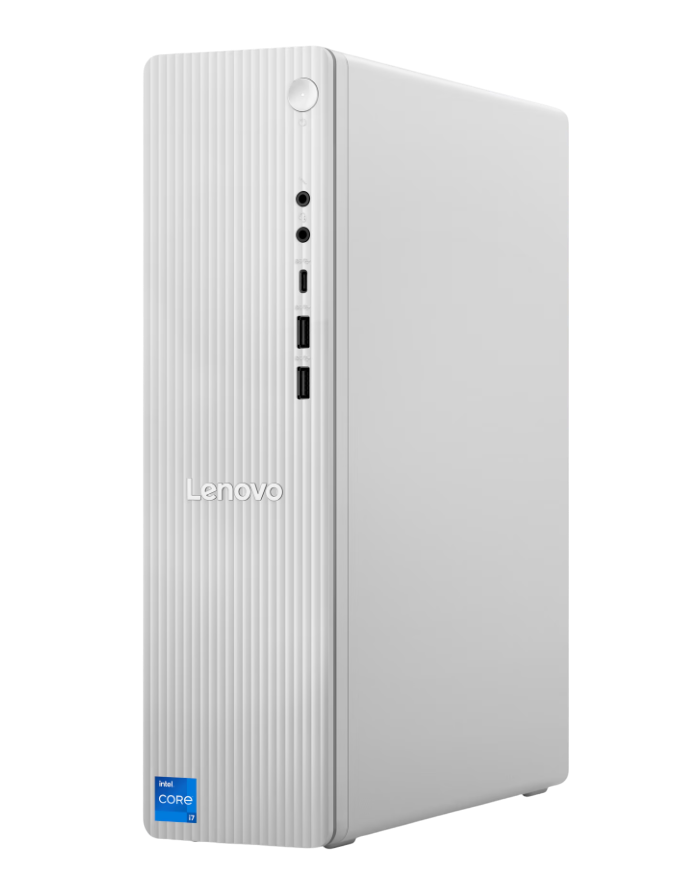 Ein weißer Lenovo-Desktop-Computer mit vertikal geriffelter Frontplatte.