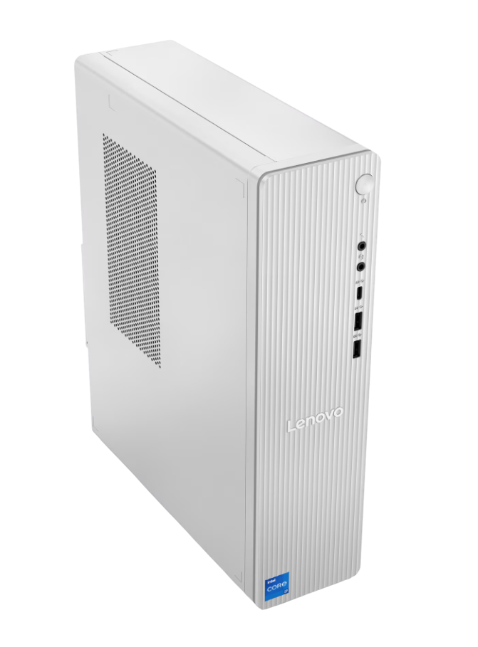 Ein weißer Computer-Tower, der aufrecht auf weißem Hintergrund steht.