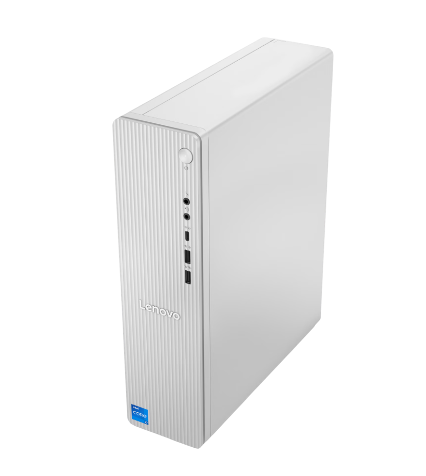 Ein weißer Lenovo Desktop-Computer mit vertikalem Design. Schwarzer Hintergrund.