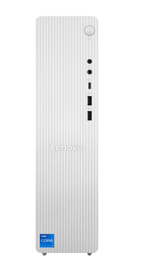 Weißer Lenovo-Computerturm mit vertikalen Linien, Intel Core i7 Logo und Anschlüssen.