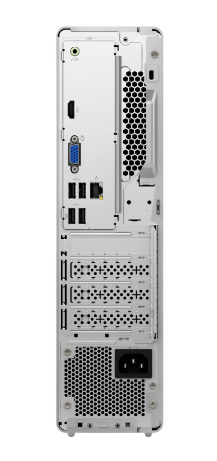 Rückseite eines weißen Computer-Turms mit verschiedenen Anschlüssen und einer Steckdose, vor schwarzem Hintergrund.