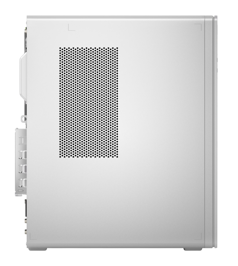 Weißes Computergehäuse mit schwarzem Mesh-Belüftungsbereich an der Seite.