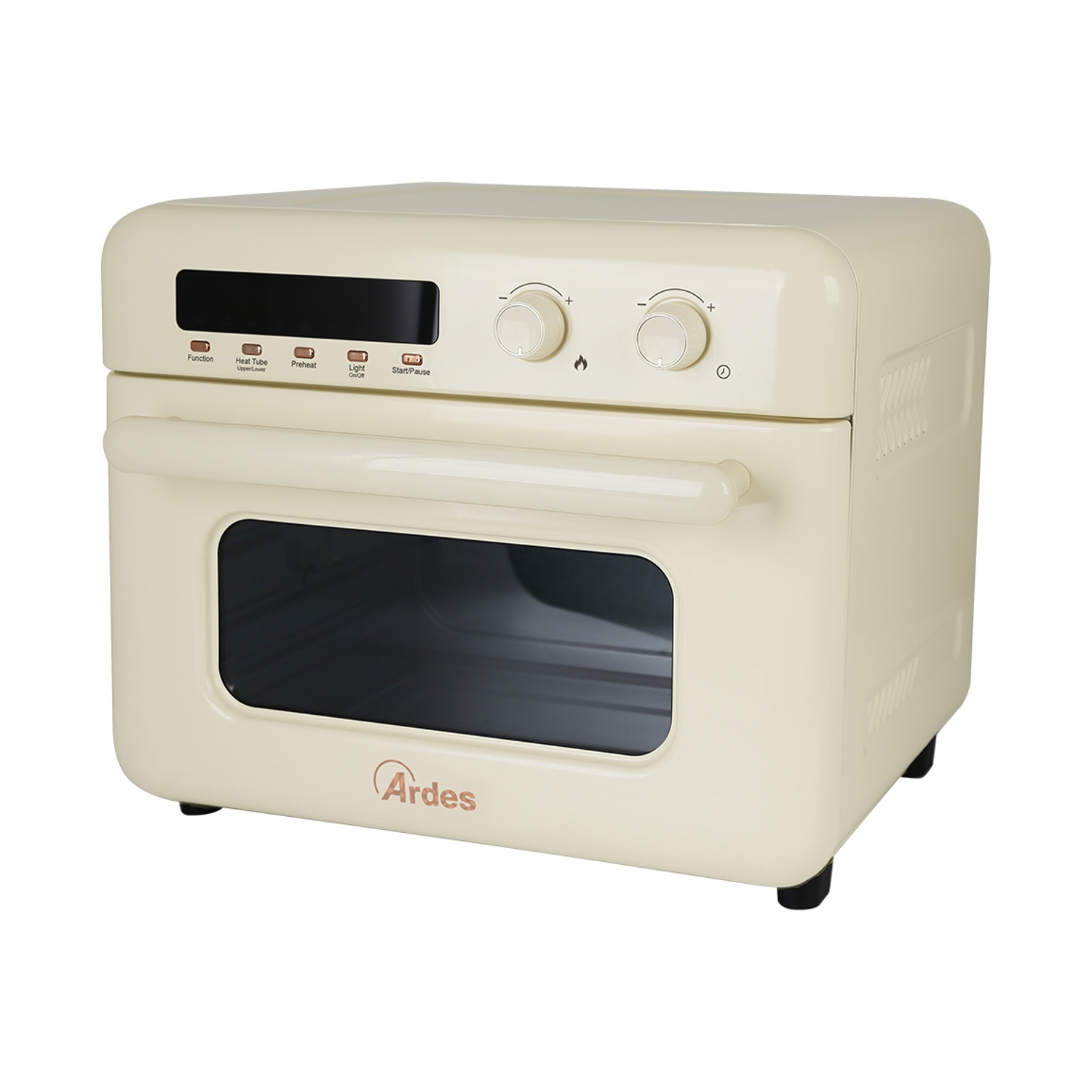 Forno retrò color crema con porta a vetri, manopole e pulsanti di controllo.