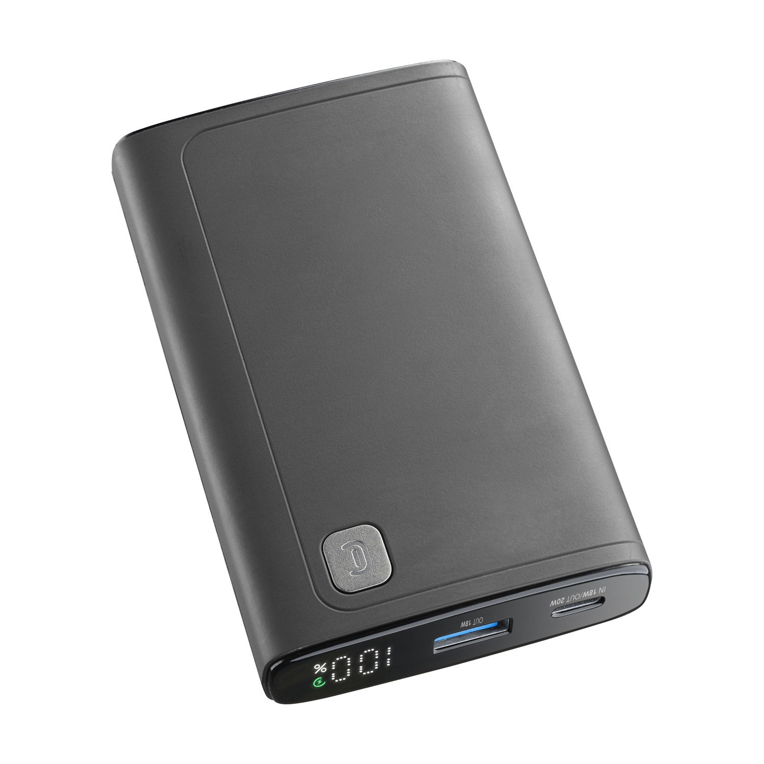 Dunkelgraue Powerbank mit einem Netzschalter und einem digitalen Display mit 100 % Ladung.