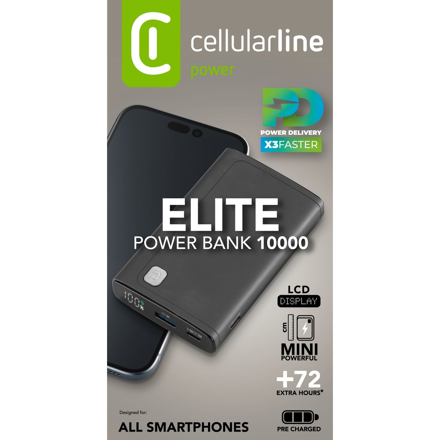 Eine Werbung mit Smartphone und Powerbank, mit Text über die Stromversorgung.