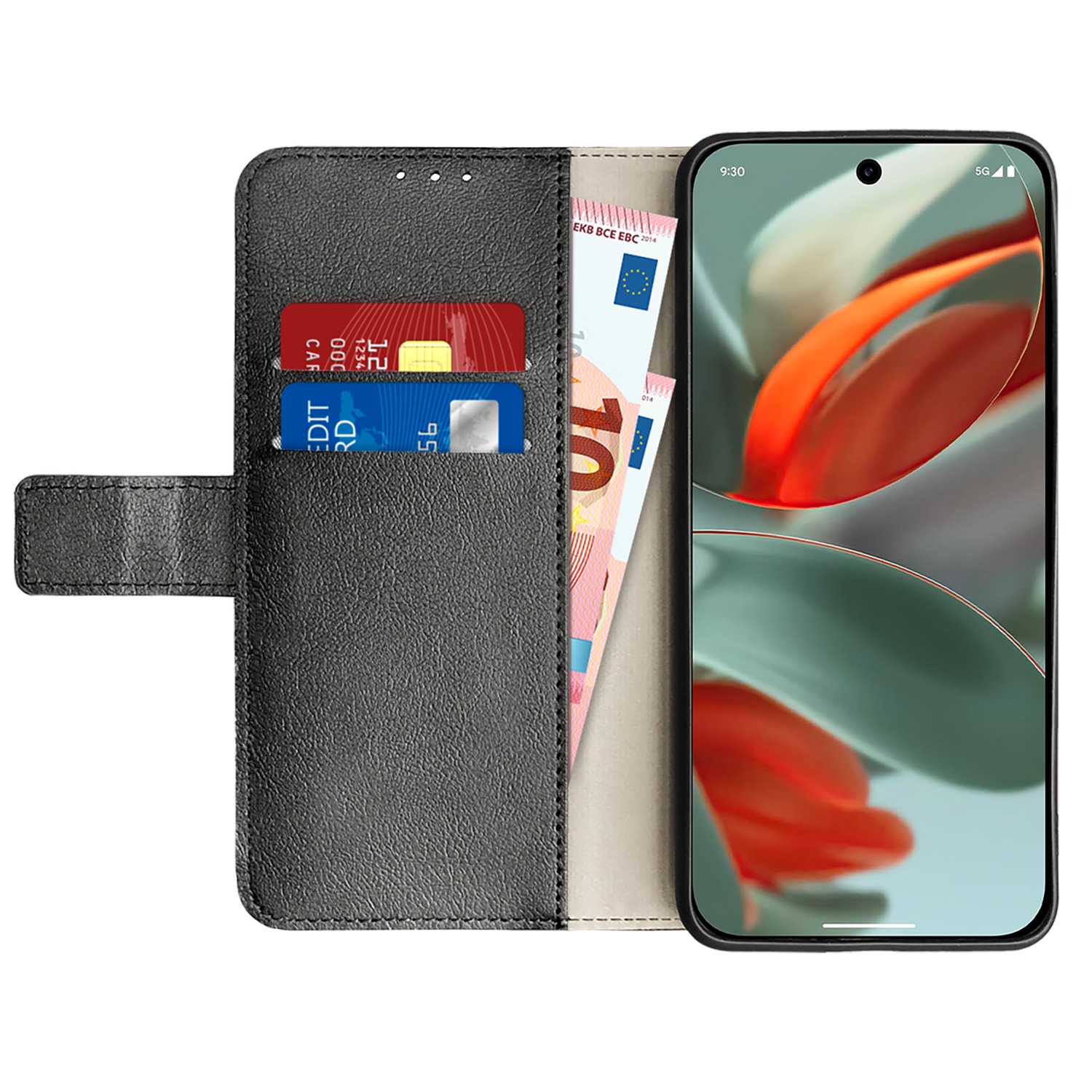 Een zwarte telefoon in een foliohoesje met kaarten en geld. De telefoon toont een startscherm.