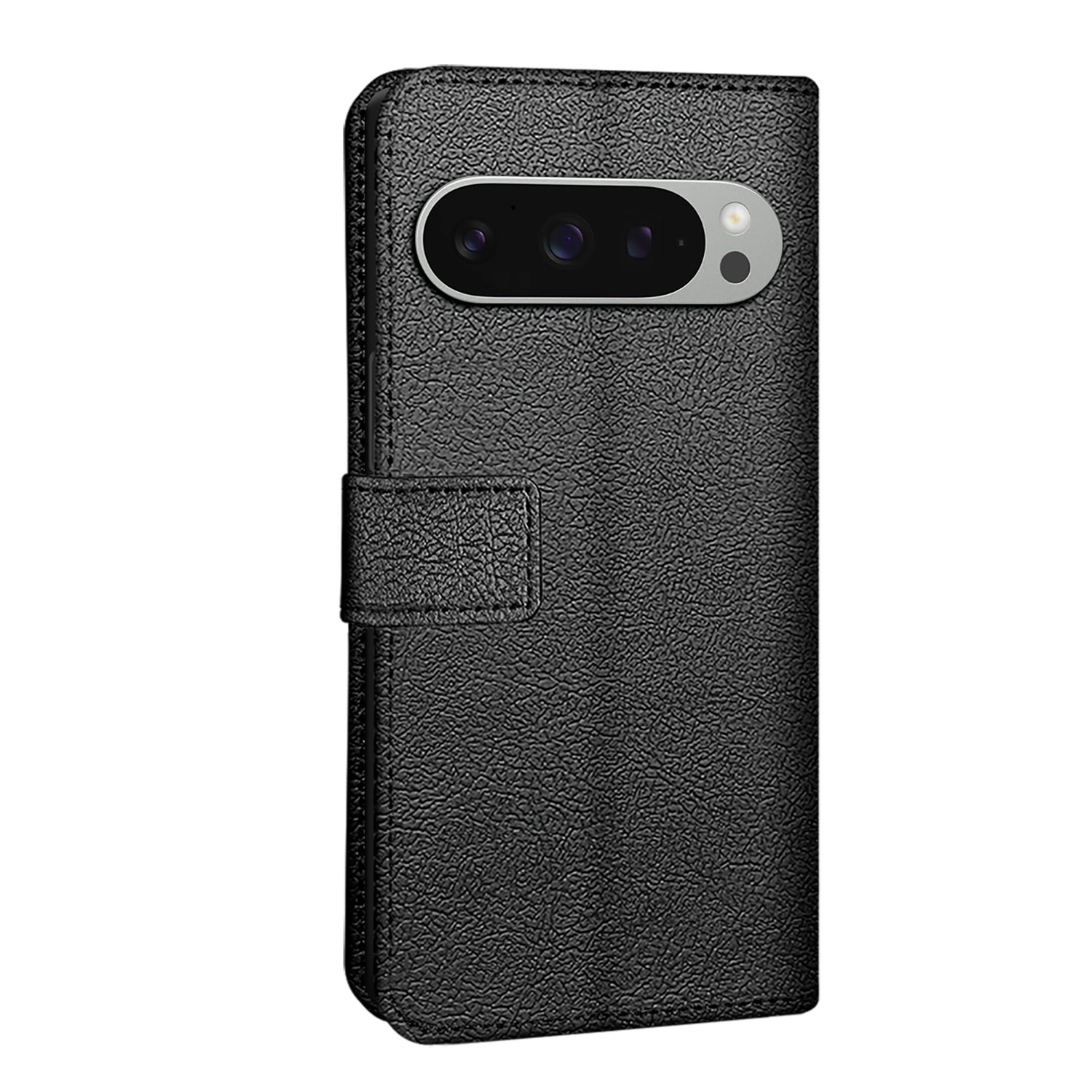 Zwarte telefoonhoes met een lederen textuur, die het camera-gebied laat zien.