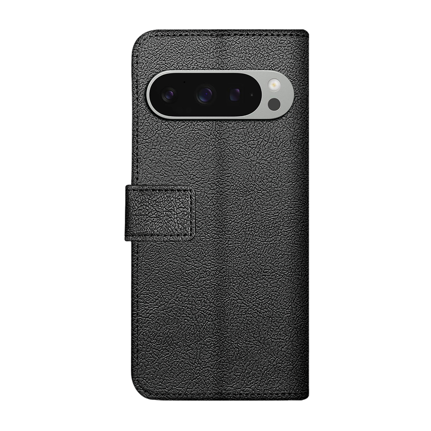 Een zwarte smartphone in een zwart foliohoesje, met de achterkant van de telefoon.
