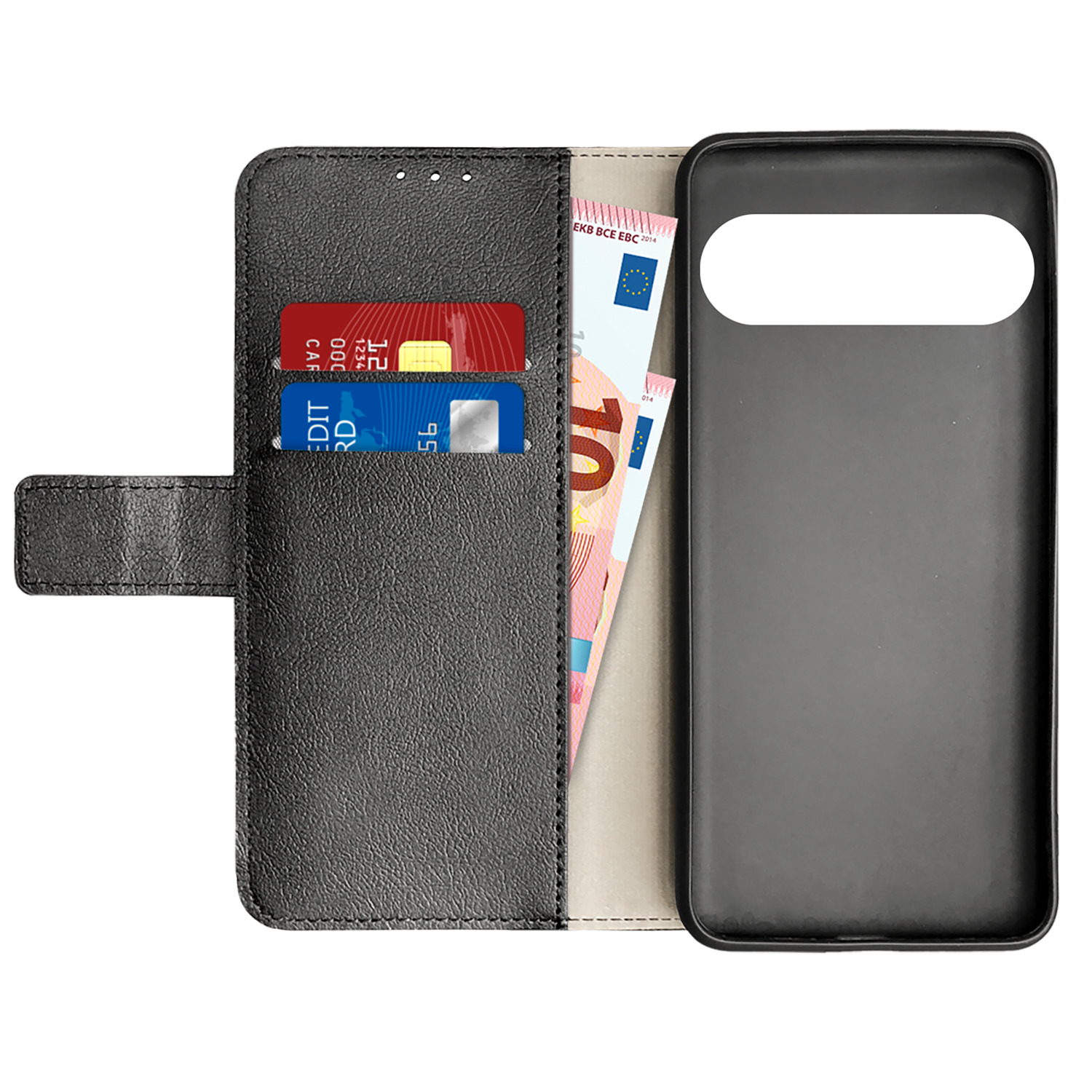 Zwarte telefoonhoes met creditcards en eurobiljetten erin. De hoes is open, inhoud zichtbaar.