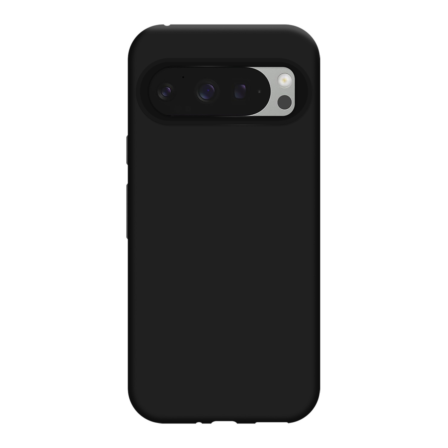 Coque de téléphone noire avec une découpe pour l'appareil photo. La coque recouvre le téléphone et a une surface lisse.