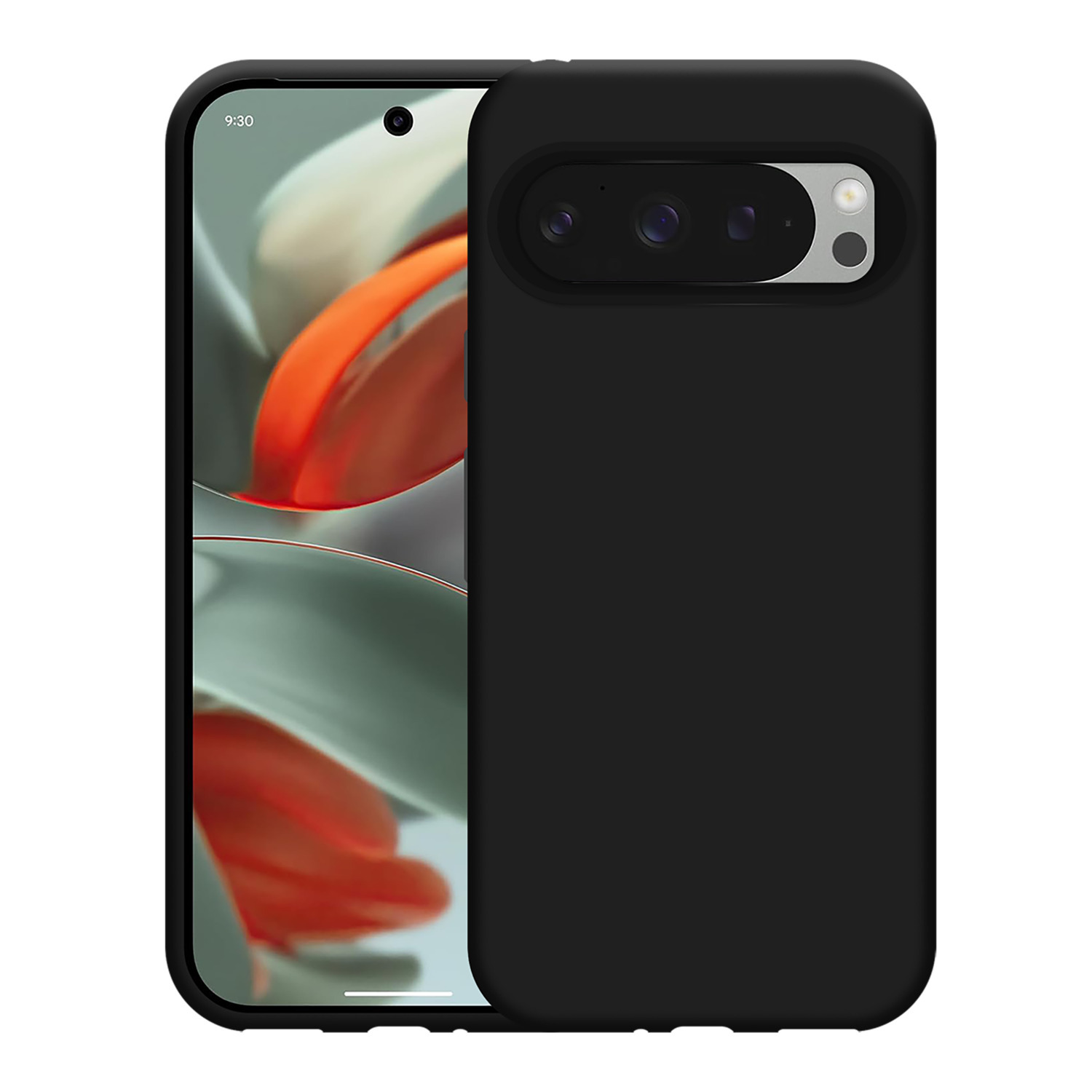 Une coque de téléphone noire avec un téléphone affichant un fond orange et bleu.