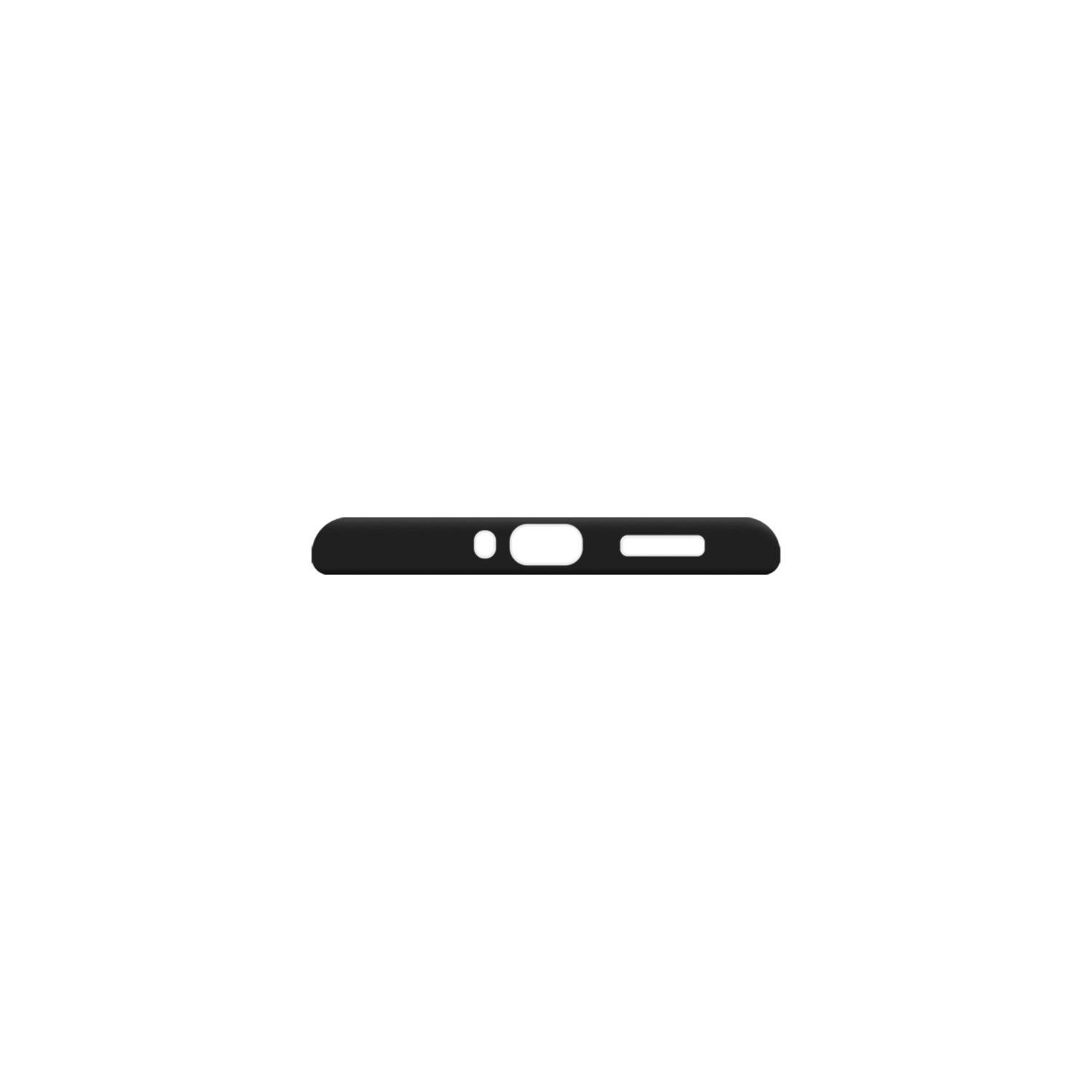 Coque de téléphone noire, vue de dessous, fond blanc.