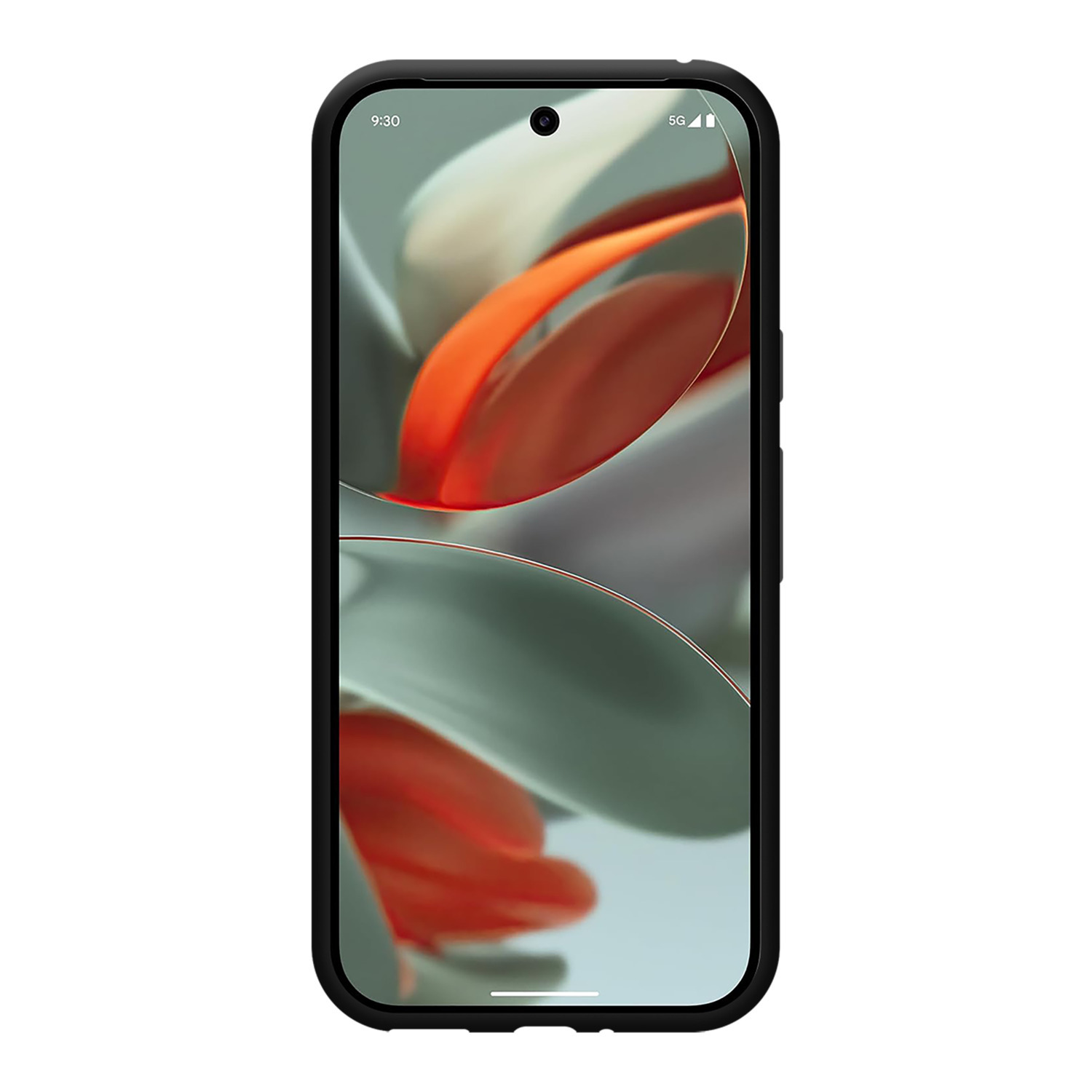 Smartphone noir avec design abstrait rouge et orange sur l'écran. Fond blanc.