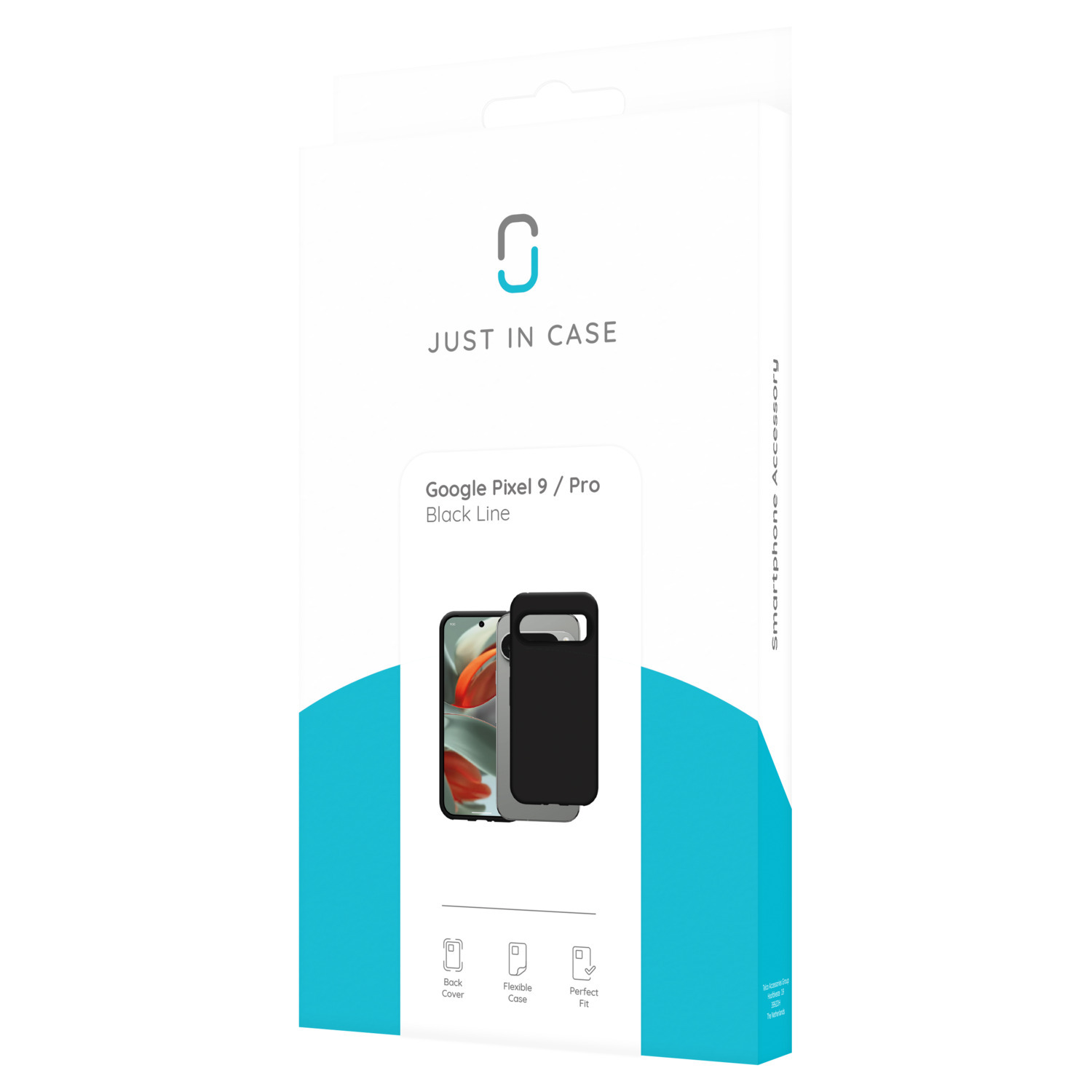 Une boîte pour un étui de téléphone Google Pixel 9/Pro, design de ligne noire, avec l'étui visible.