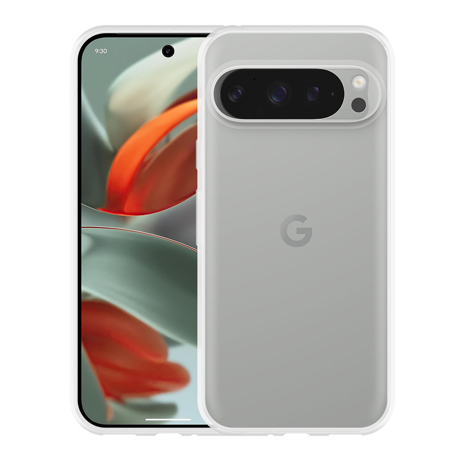 Un téléphone dans un étui transparent. Affichage de l'heure.