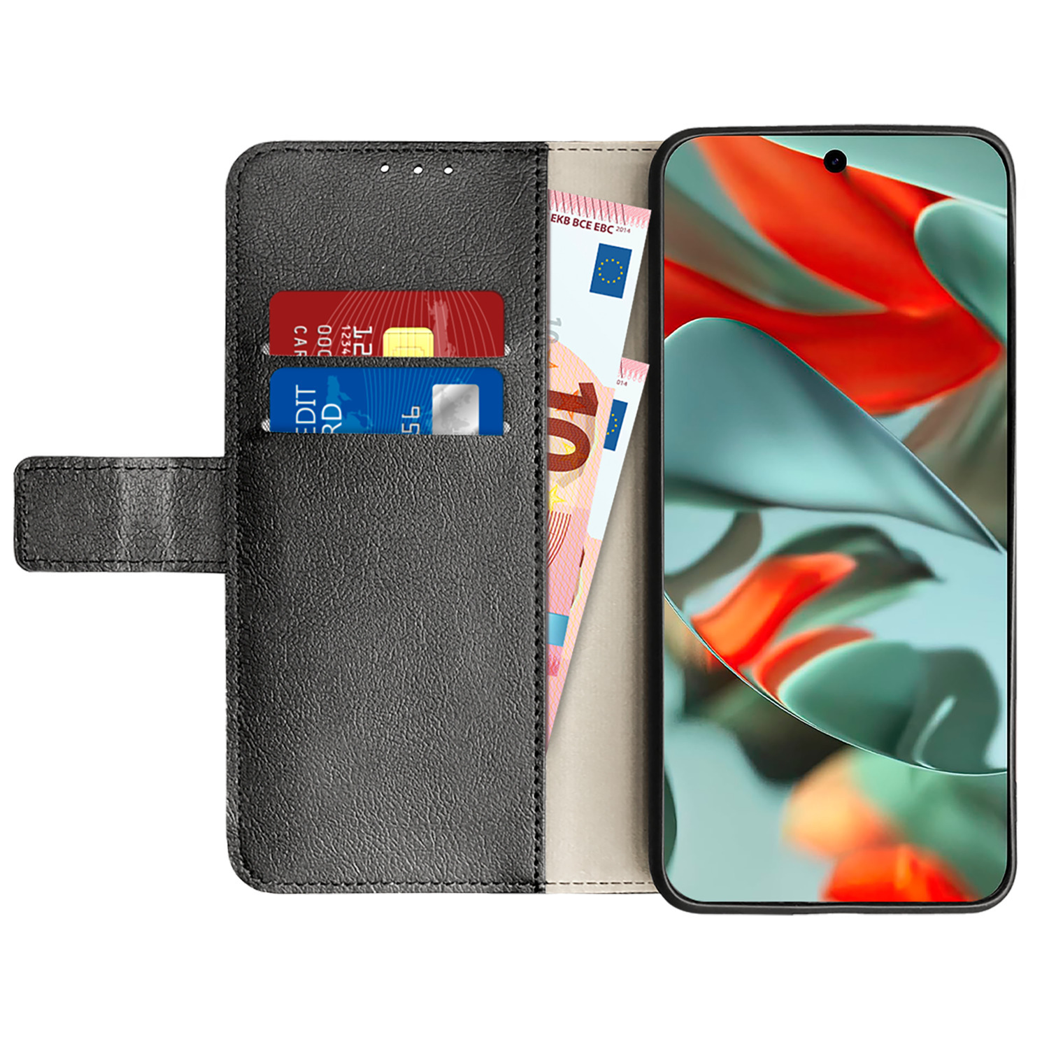 Smartphone dans un étui portefeuille noir avec cartes et billets.