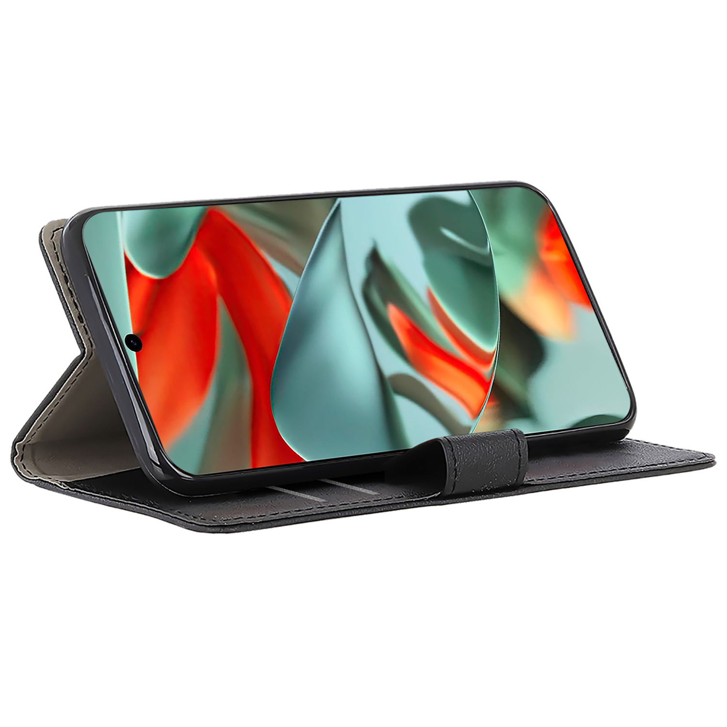 Smartphone dans un étui noir, debout, affichant une image verte et bleue.