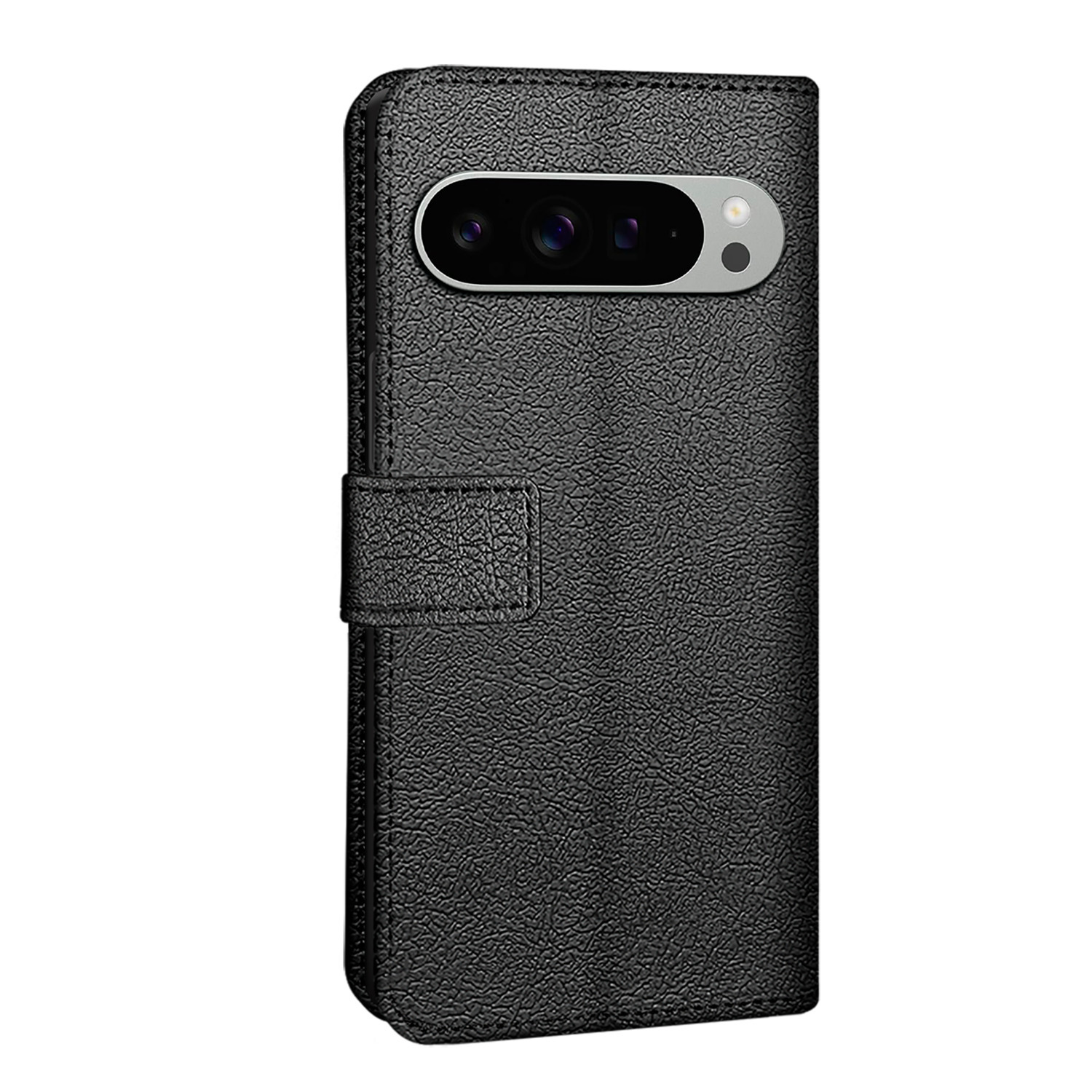 Un étui de téléphone noir avec une couverture texturée et une découpe pour l'appareil photo.