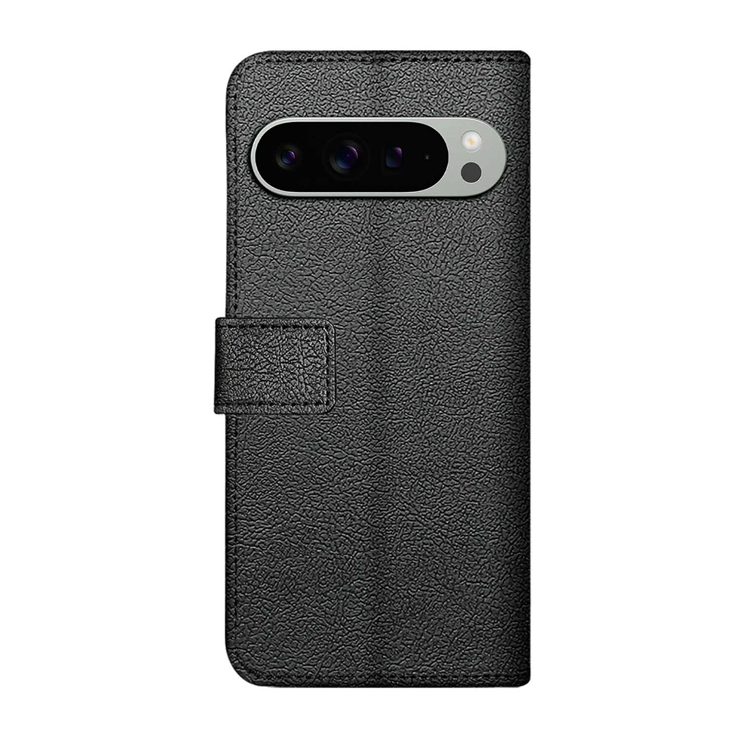 Coque de téléphone noire avec une bosse pour l'appareil photo. Elle est en simili cuir.