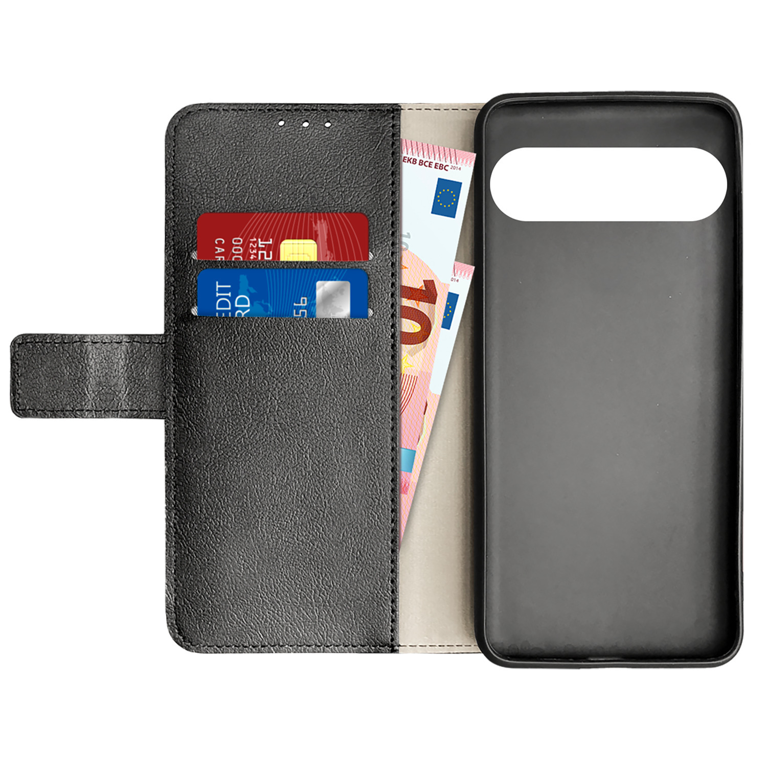 Étui portefeuille noir ouvert avec cartes de crédit et espèces à l'intérieur. Support téléphone à droite. Intérieur beige.