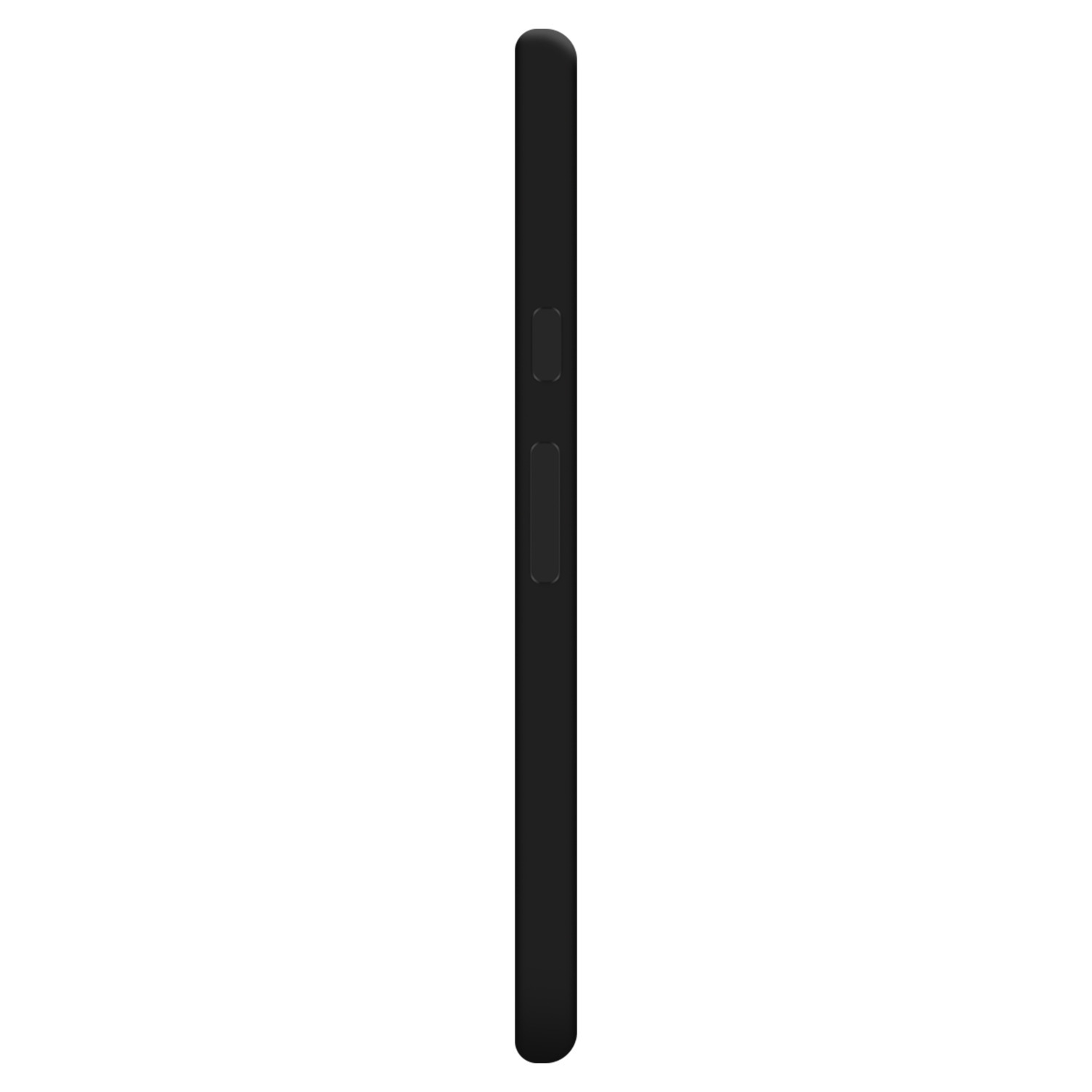 Vue latérale d'une coque de téléphone noire. Elle a des boutons et un design lisse et arrondi. Fond blanc.