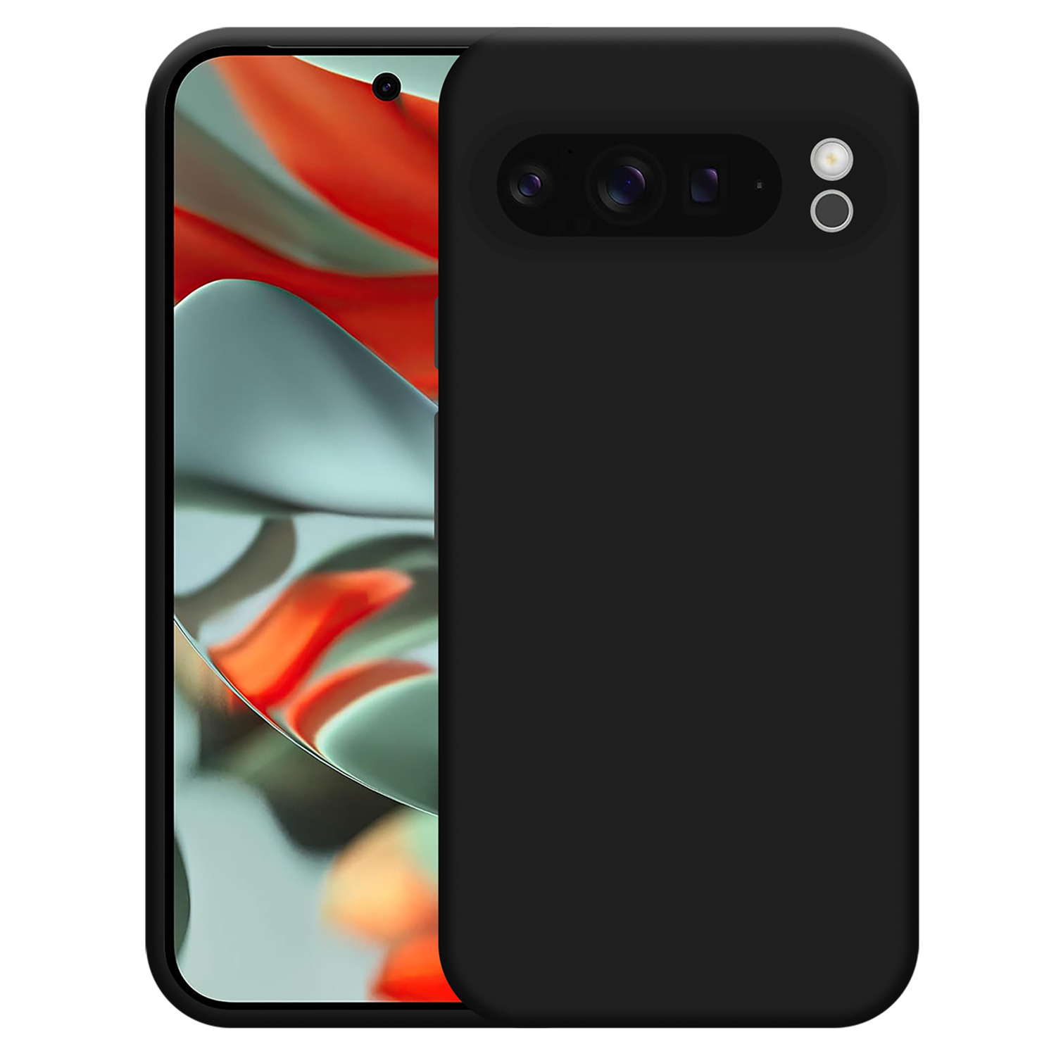 Coque de téléphone noire avec module caméra sur fond rouge à motifs.