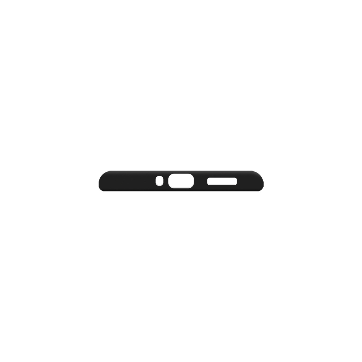 Une coque de téléphone noire, avec des ouvertures pour un port et un bouton.