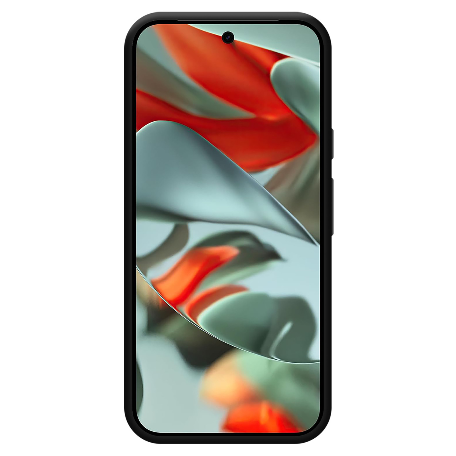 Un téléphone noir avec un écran coloré sur fond blanc.