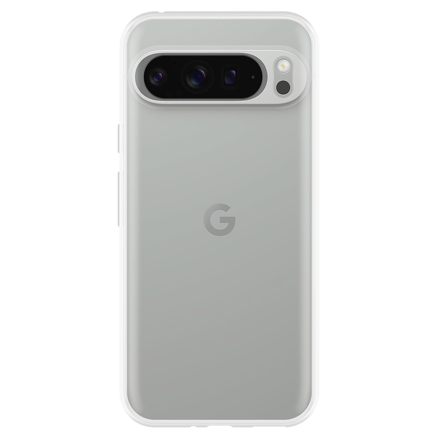 Coque de téléphone transparente sur un téléphone gris clair. Caméra et petit cercle visibles.