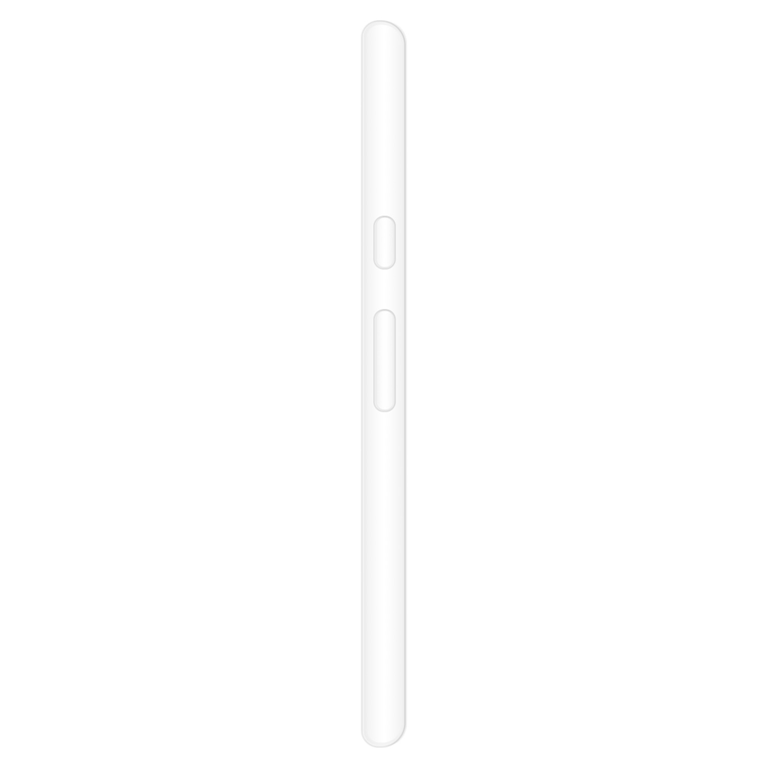 Vue latérale d'une coque de téléphone blanche, design lisse et arrondi. Boutons visibles. Fond blanc.