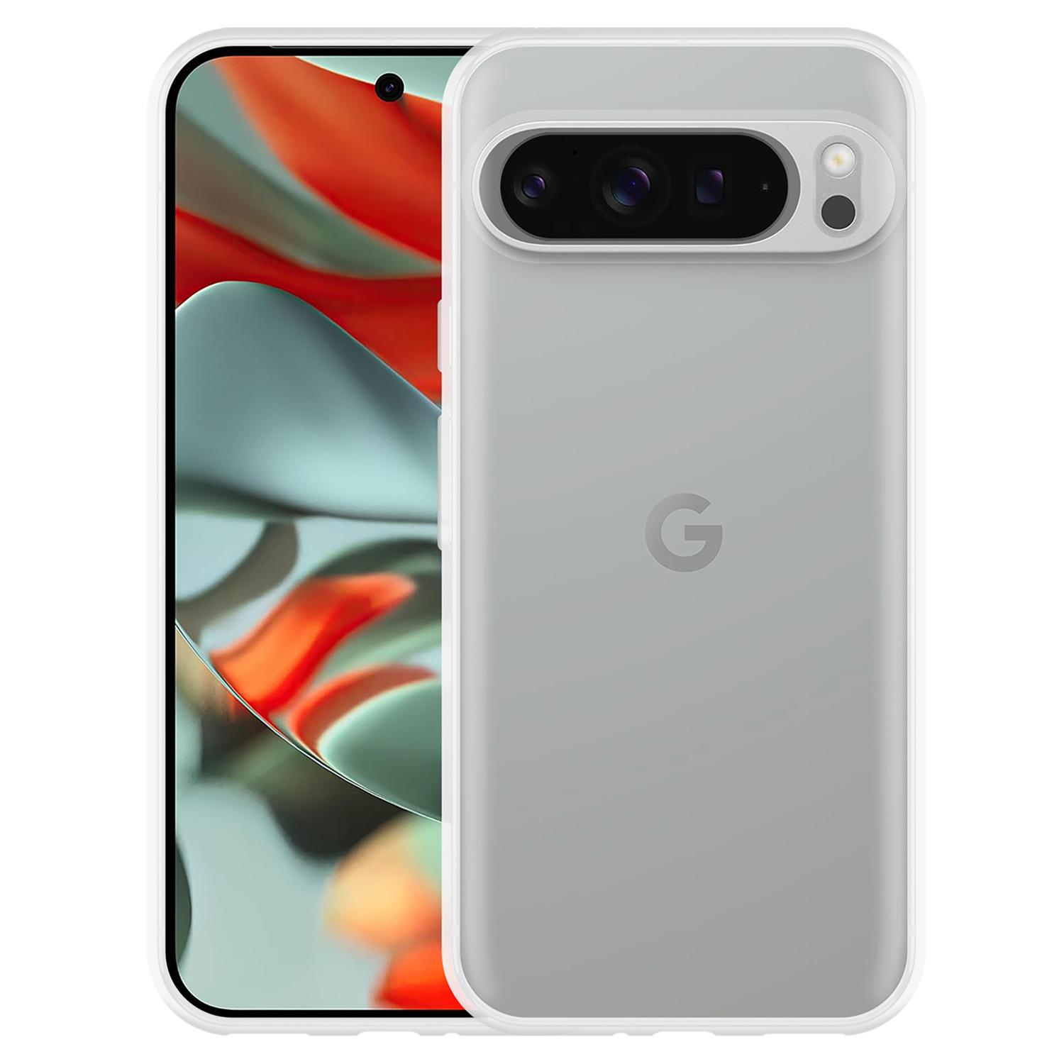 Un téléphone avec une coque transparente. La coque a une découpe pour la caméra. L'écran affiche une image abstraite.