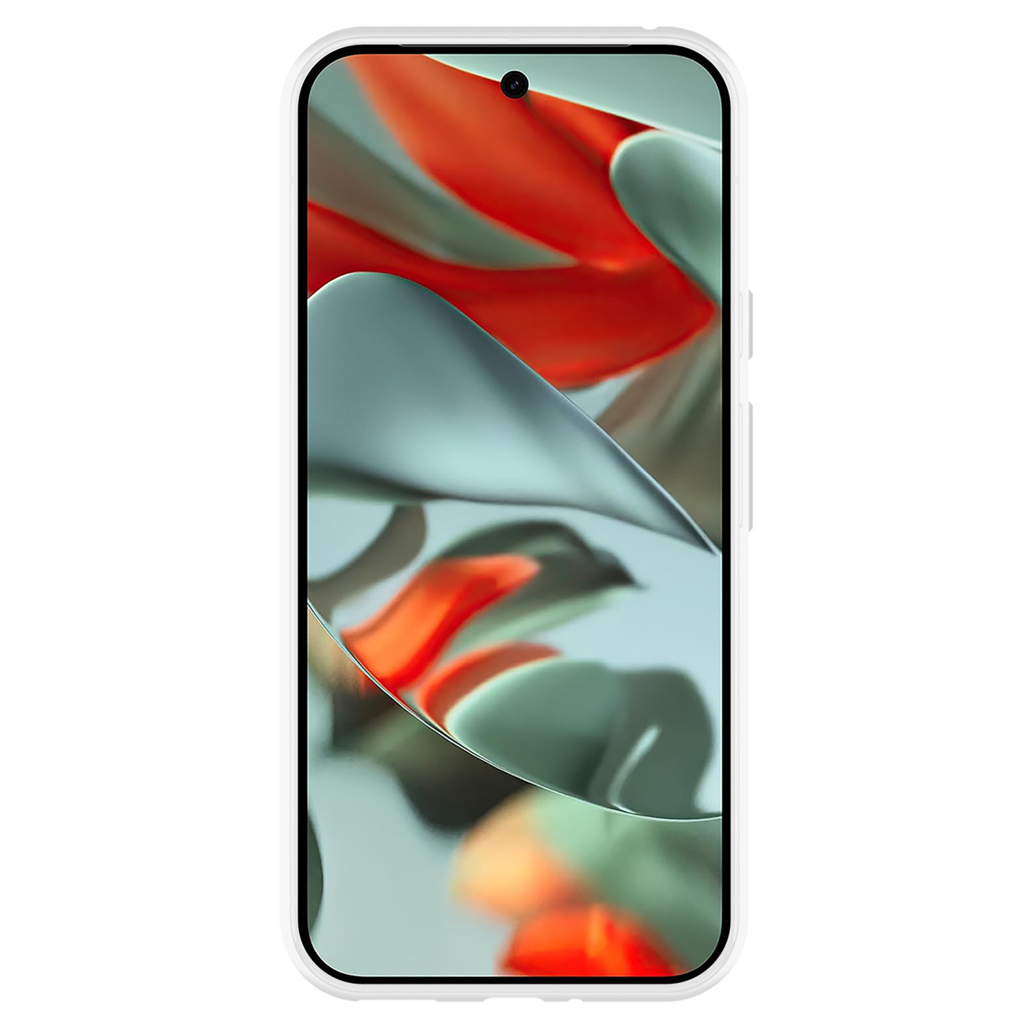 Écran de smartphone affichant de l'art abstrait. Le téléphone est dans un étui blanc. Gros plan.