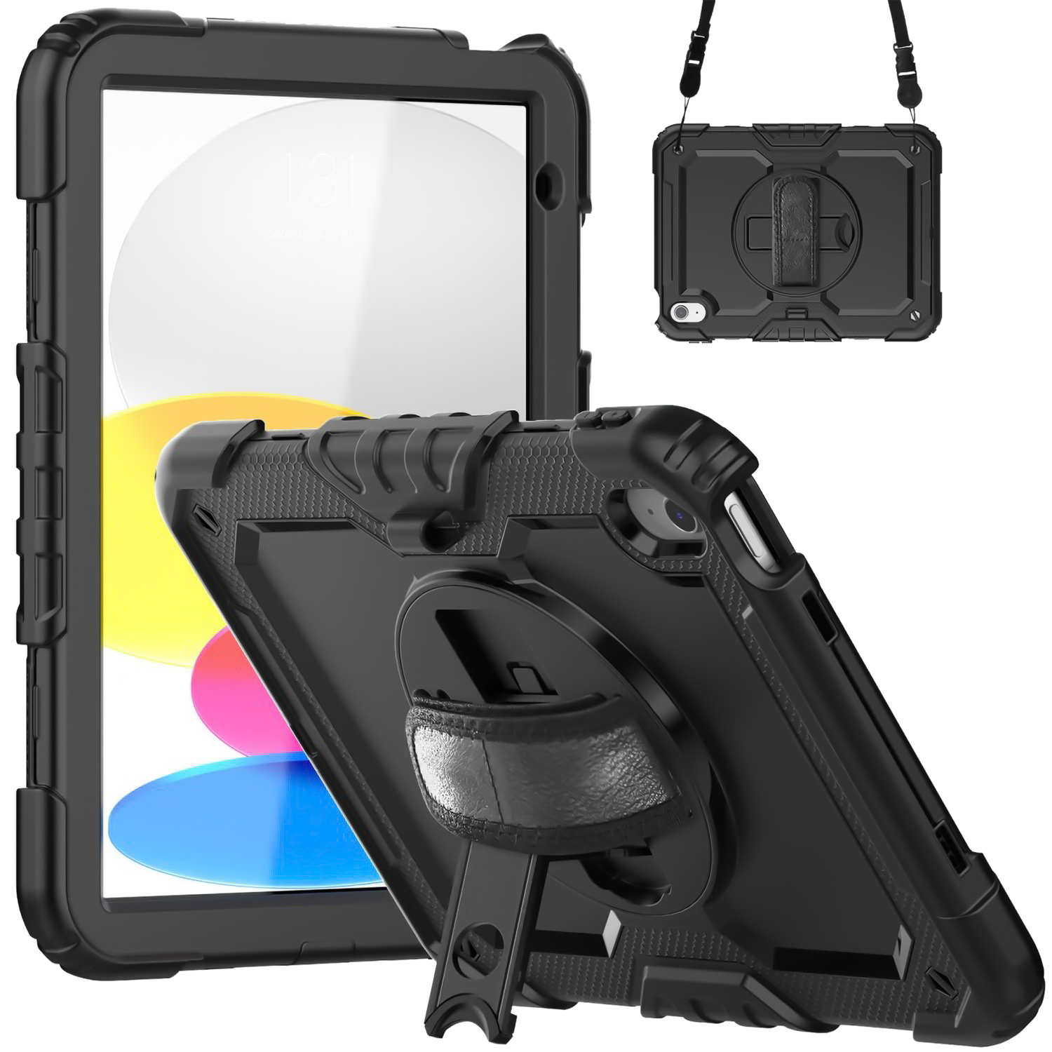 Étui iPad noir avec écran et coque arrière. Il a une dragonne et un support. L'étui est noir.